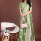 Shree Shyam Fashion Elegant Light Green Linen Cotton Saree with Zari Border & Woven Motifs - Perfect for Sophisticated Everyday & Festive Looks