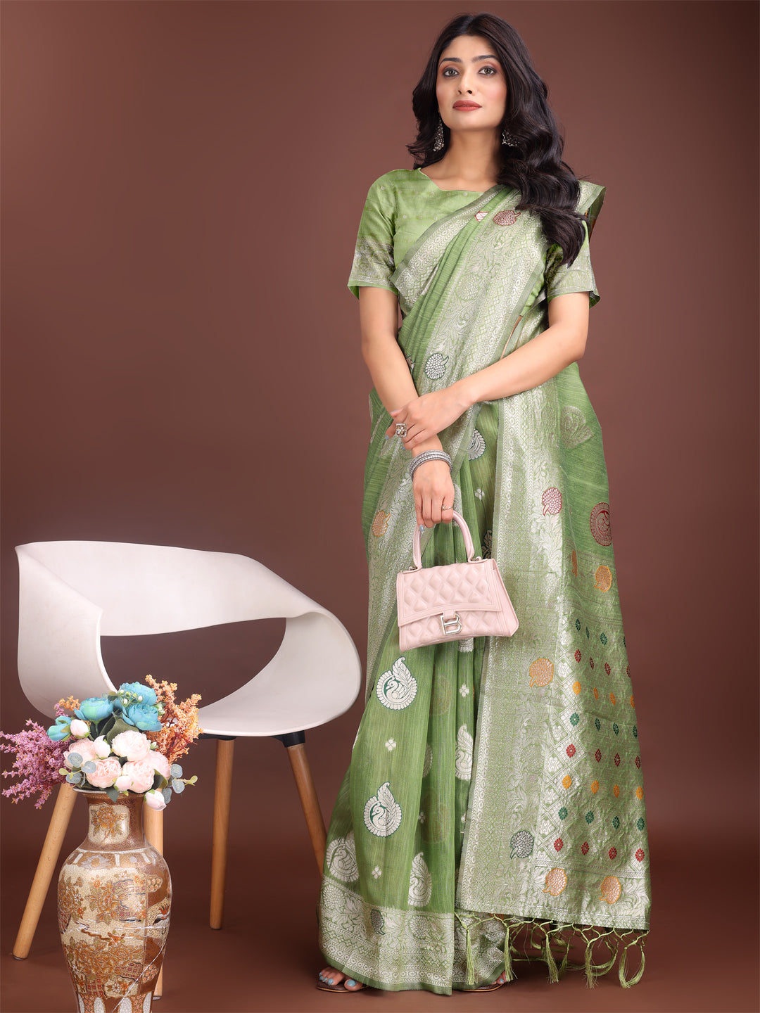Shree Shyam Fashion Elegant Light Green Linen Cotton Saree with Zari Border & Woven Motifs - Perfect for Sophisticated Everyday & Festive Looks