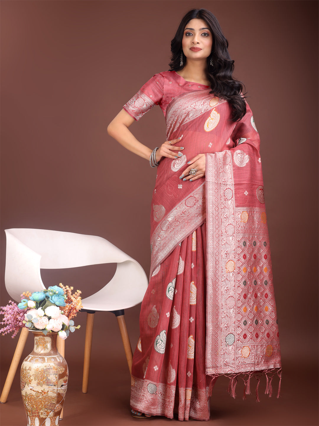 Shree Shyam Fashion Elegant Pink Linen Cotton Saree with Zari Border & Woven Motifs - Perfect for Sophisticated Everyday & Festive Looks