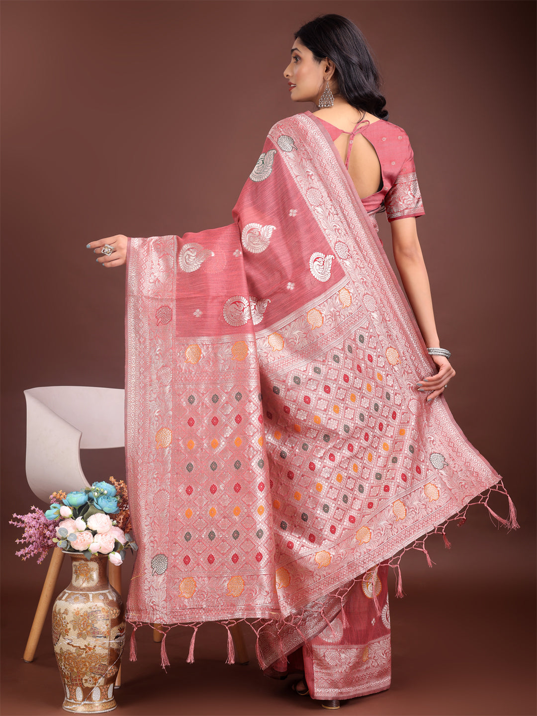 Shree Shyam Fashion Elegant Pink Linen Cotton Saree with Zari Border & Woven Motifs - Perfect for Sophisticated Everyday & Festive Looks