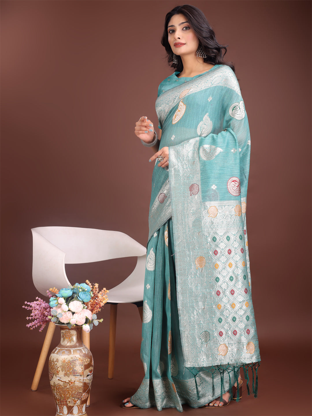 Shree Shyam Fashion Elegant Sea Green Linen Cotton Saree with Zari Border & Woven Motifs - Perfect for Sophisticated Everyday & Festive Looks