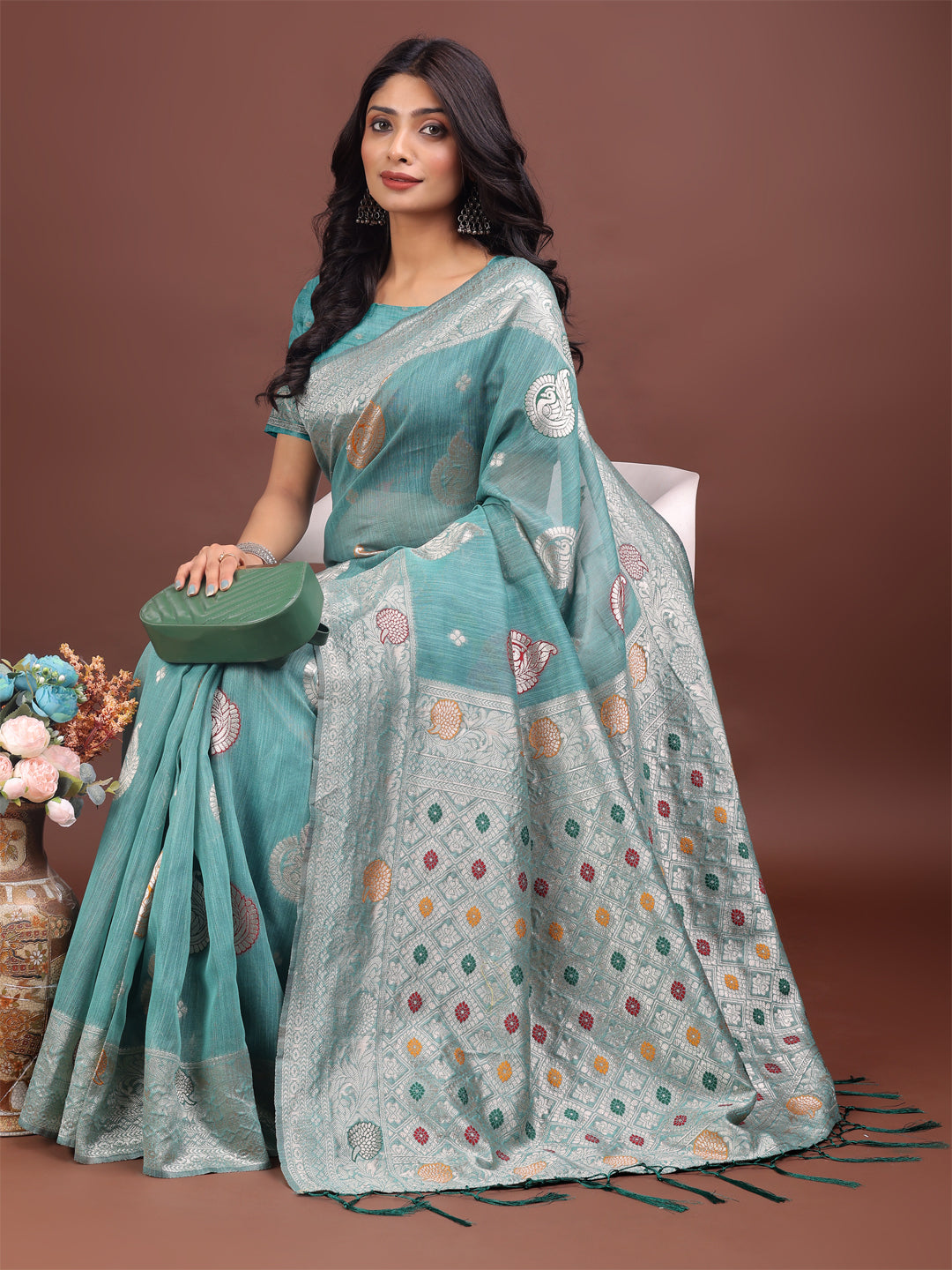 Shree Shyam Fashion Elegant Sea Green Linen Cotton Saree with Zari Border & Woven Motifs - Perfect for Sophisticated Everyday & Festive Looks