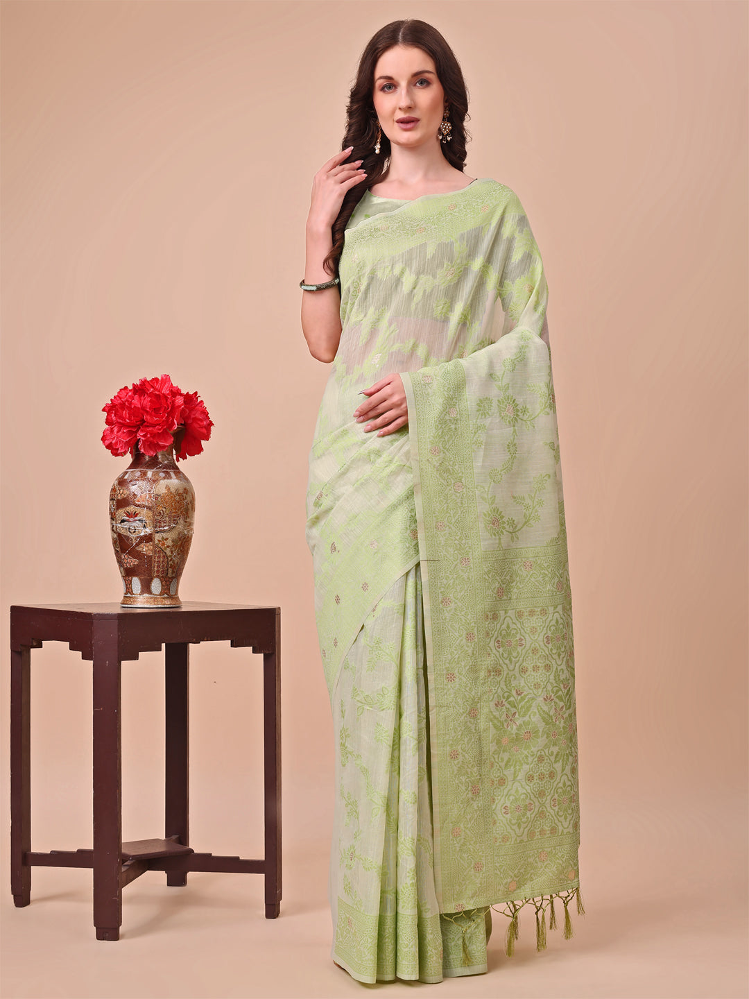 Astita Beige & Light Green Banarasi Cotton Saree with Floral Zari Work and Traditional Pallu - Elegant Ethnic Wear for Festivals & Ceremonies | Swadesiicart