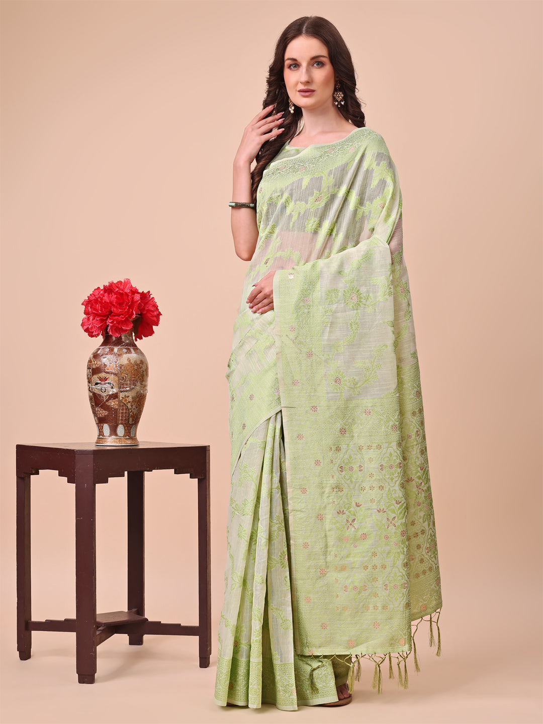 Astita Beige & Light Green Banarasi Cotton Saree with Floral Zari Work and Traditional Pallu - Elegant Ethnic Wear for Festivals & Ceremonies | Swadesiicart