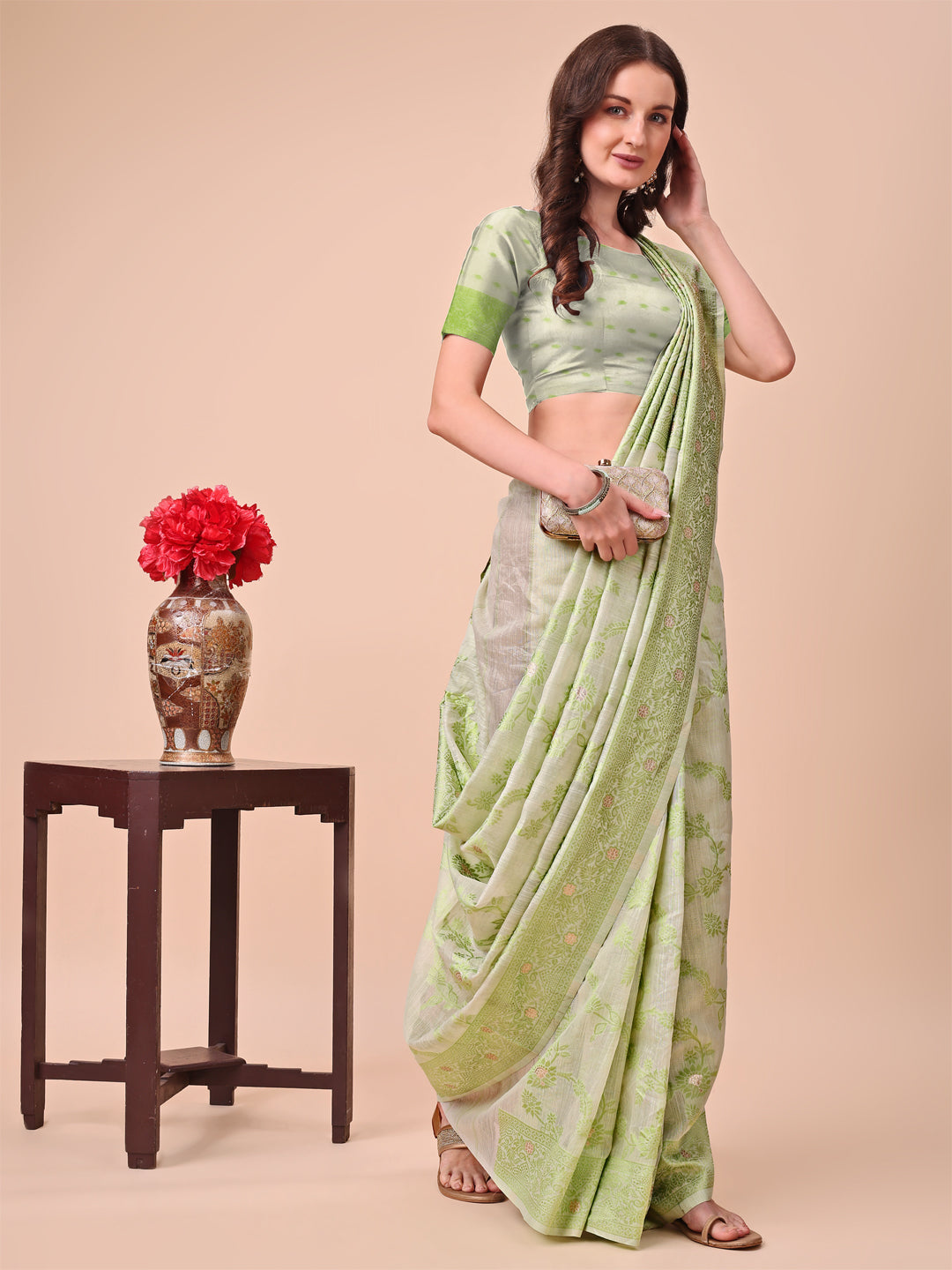 Astita Beige & Light Green Banarasi Cotton Saree with Floral Zari Work and Traditional Pallu - Elegant Ethnic Wear for Festivals & Ceremonies | Swadesiicart