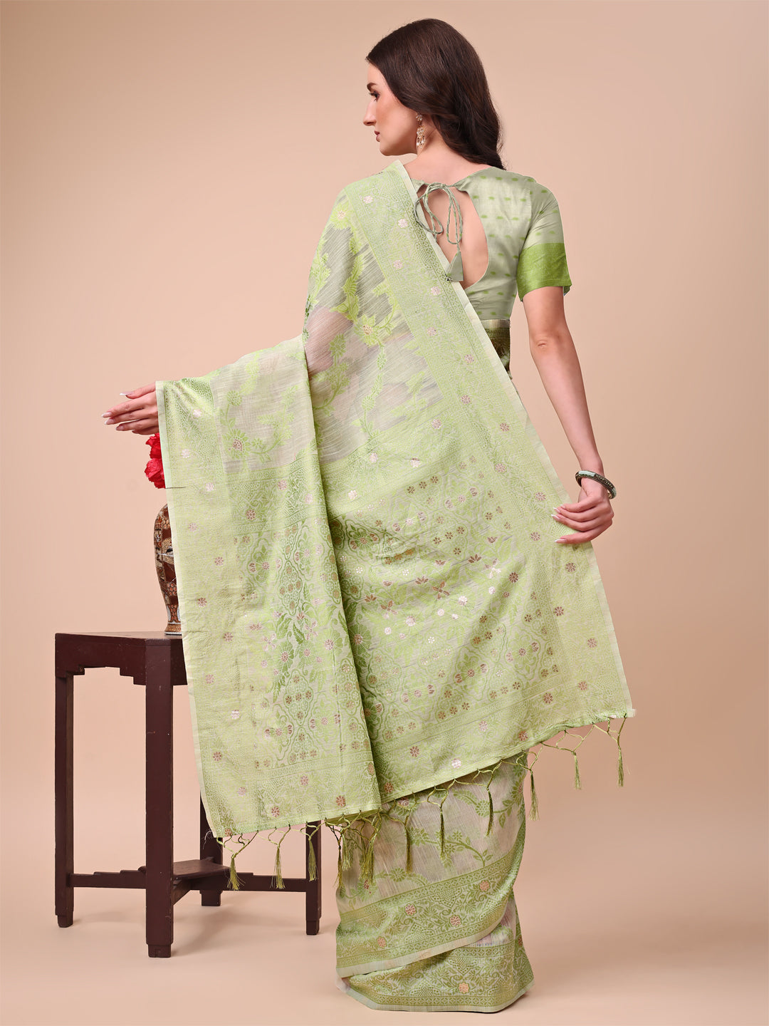Astita Beige & Light Green Banarasi Cotton Saree with Floral Zari Work and Traditional Pallu - Elegant Ethnic Wear for Festivals & Ceremonies | Swadesiicart