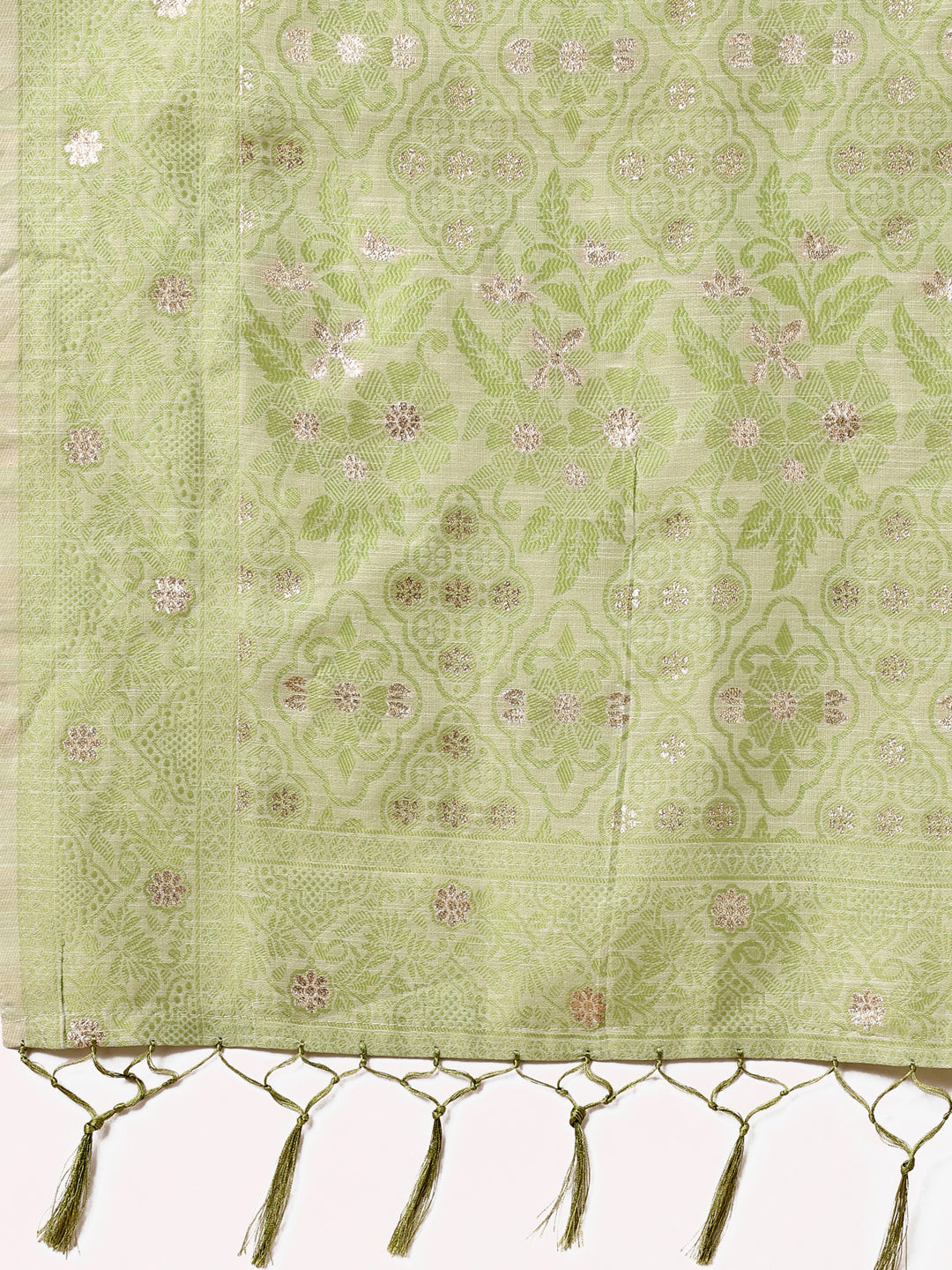 Astita Beige & Light Green Banarasi Cotton Saree with Floral Zari Work and Traditional Pallu - Elegant Ethnic Wear for Festivals & Ceremonies | Swadesiicart