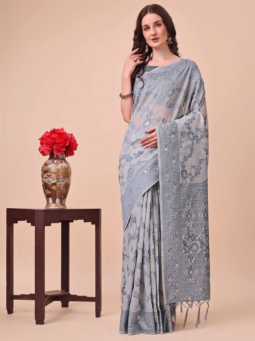 Astita Beige & Grey Banarasi Cotton Saree with Floral Zari Work and Traditional Pallu - Elegant Ethnic Wear for Festivals & Ceremonies | Swadesiicart