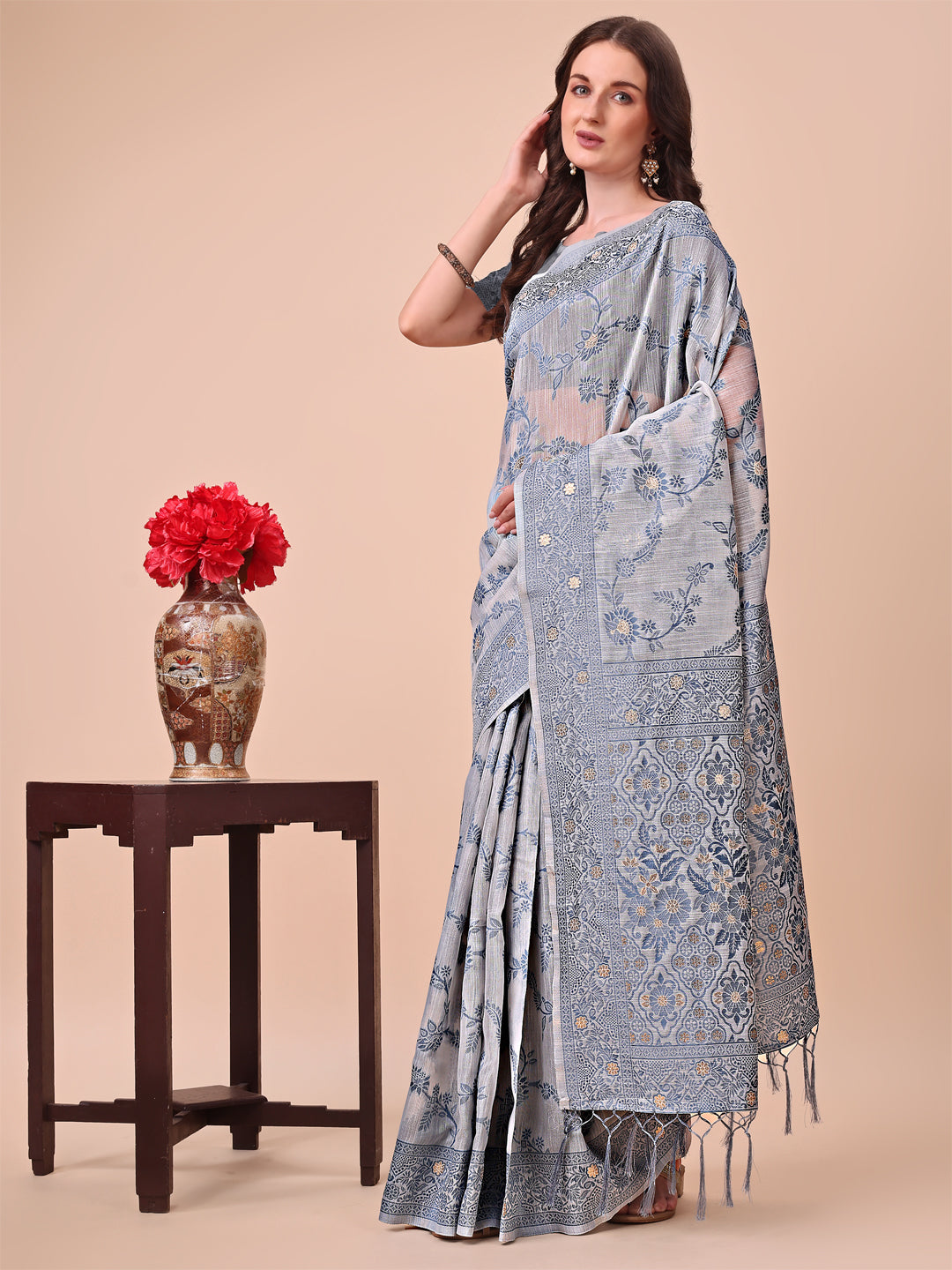 Astita Beige & Grey Banarasi Cotton Saree with Floral Zari Work and Traditional Pallu - Elegant Ethnic Wear for Festivals & Ceremonies | Swadesiicart
