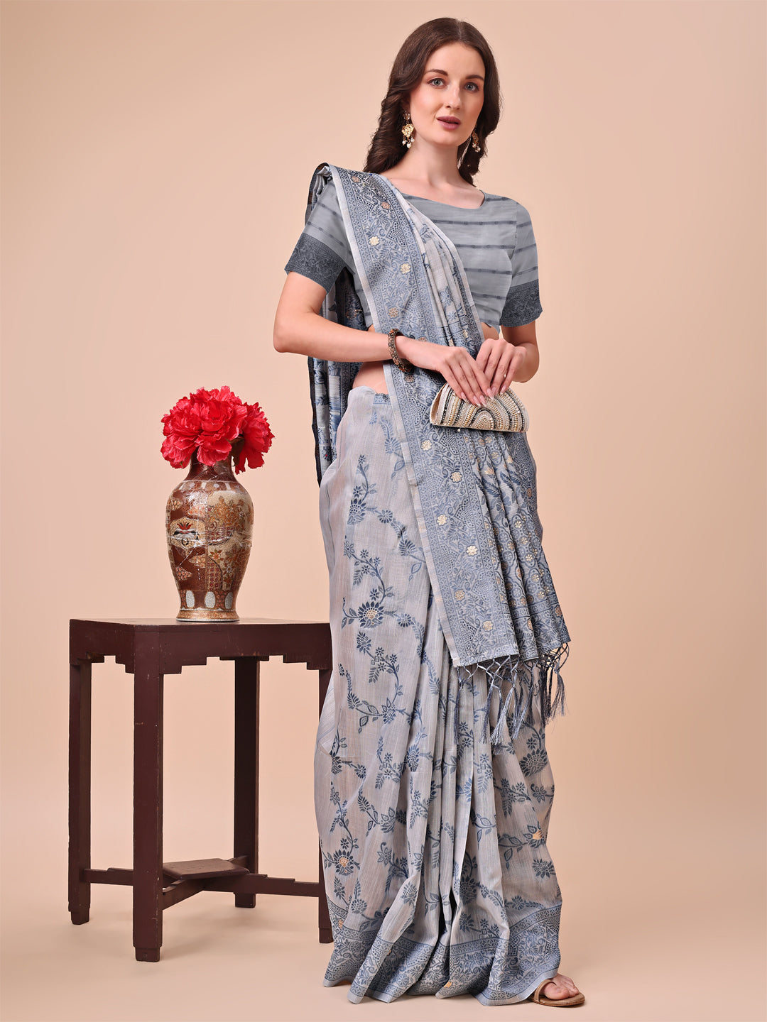 Astita Beige & Grey Banarasi Cotton Saree with Floral Zari Work and Traditional Pallu - Elegant Ethnic Wear for Festivals & Ceremonies | Swadesiicart