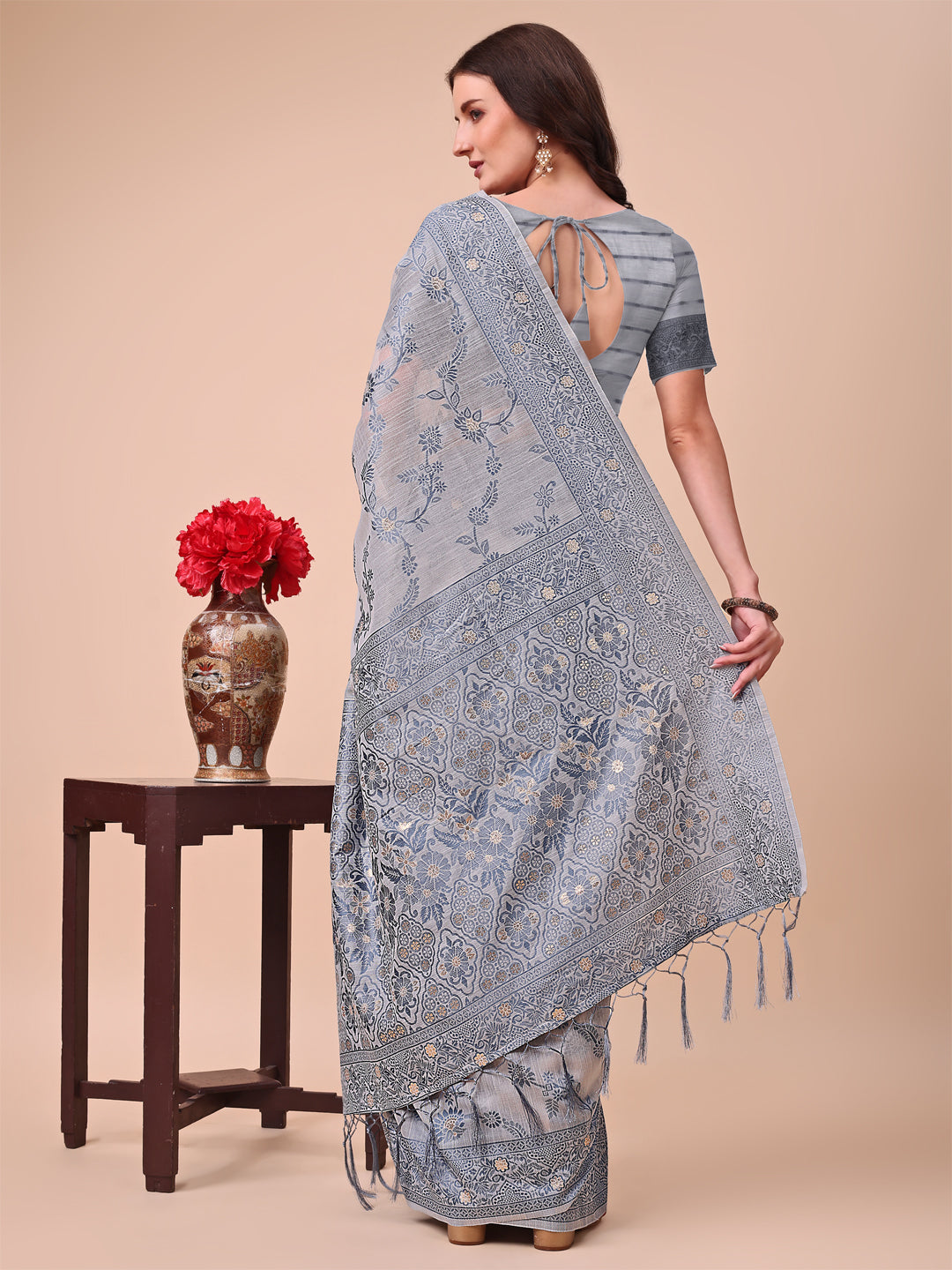 Astita Beige & Grey Banarasi Cotton Saree with Floral Zari Work and Traditional Pallu - Elegant Ethnic Wear for Festivals & Ceremonies | Swadesiicart