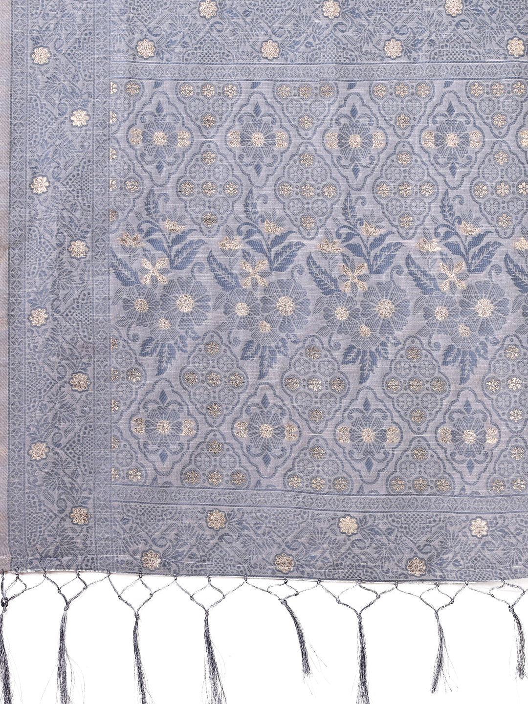 Astita Beige & Grey Banarasi Cotton Saree with Floral Zari Work and Traditional Pallu - Elegant Ethnic Wear for Festivals & Ceremonies | Swadesiicart
