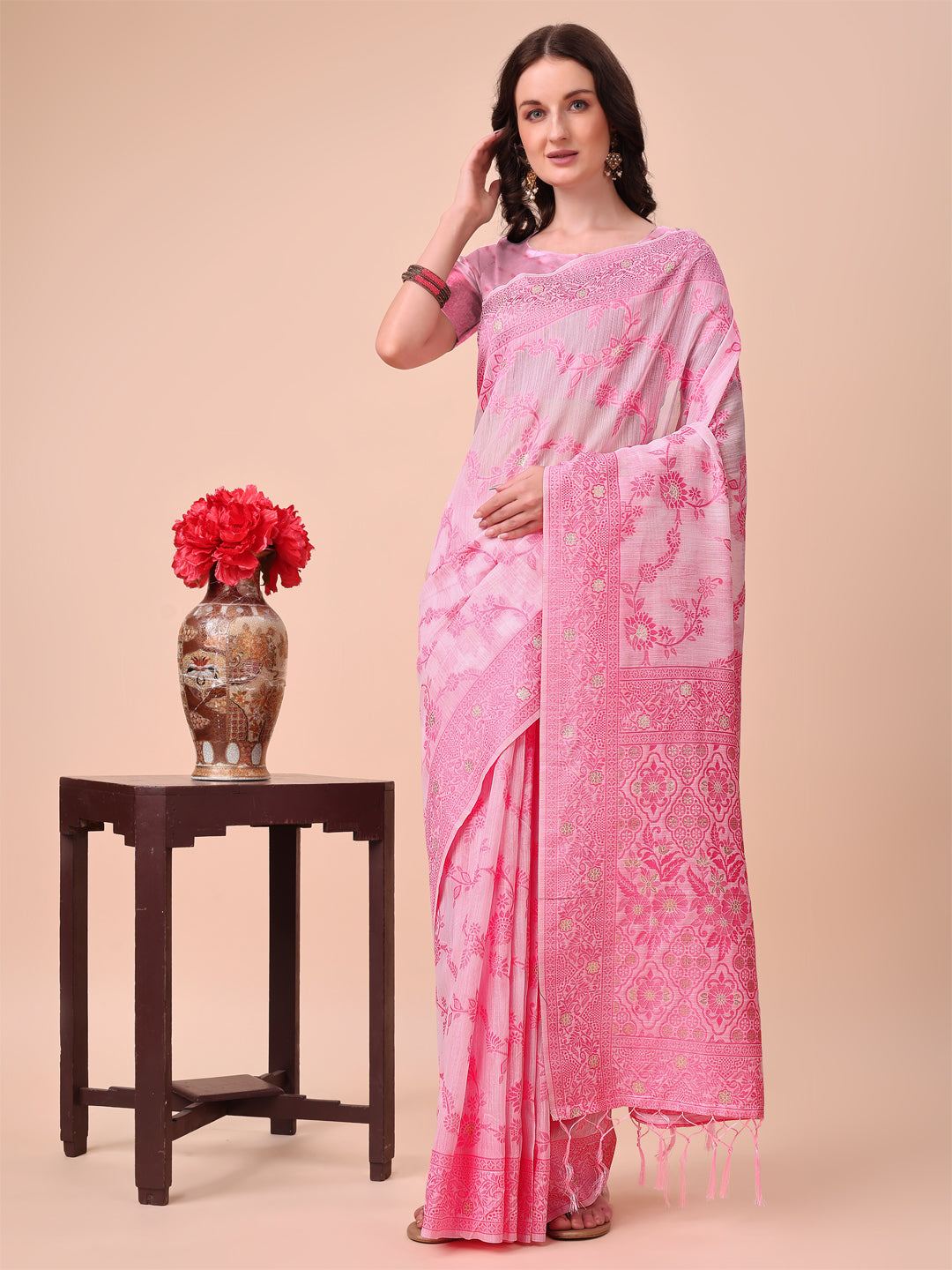 Astita Beige & Pink Banarasi Cotton Saree with Floral Zari Work and Traditional Pallu - Elegant Ethnic Wear for Festivals & Ceremonies | Swadesiicart