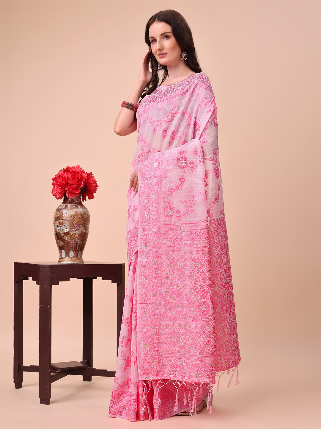 Astita Beige & Pink Banarasi Cotton Saree with Floral Zari Work and Traditional Pallu - Elegant Ethnic Wear for Festivals & Ceremonies | Swadesiicart