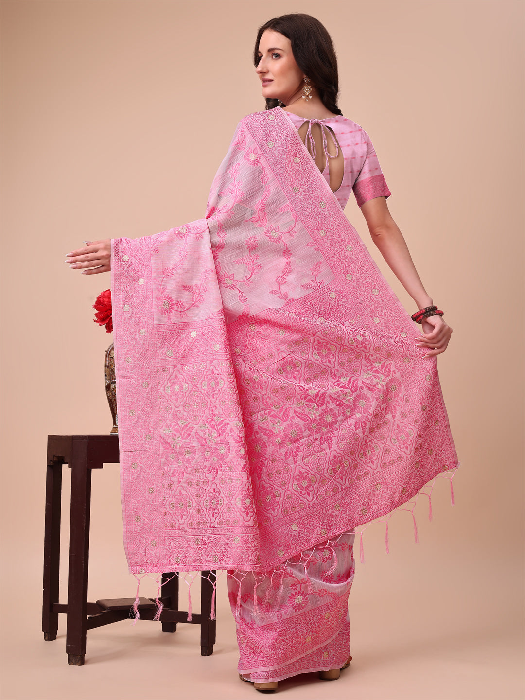 Astita Beige & Pink Banarasi Cotton Saree with Floral Zari Work and Traditional Pallu - Elegant Ethnic Wear for Festivals & Ceremonies | Swadesiicart