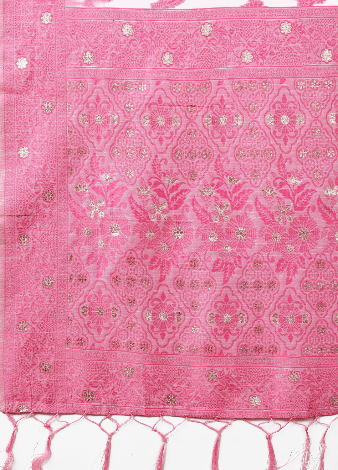 Astita Beige & Pink Banarasi Cotton Saree with Floral Zari Work and Traditional Pallu - Elegant Ethnic Wear for Festivals & Ceremonies | Swadesiicart