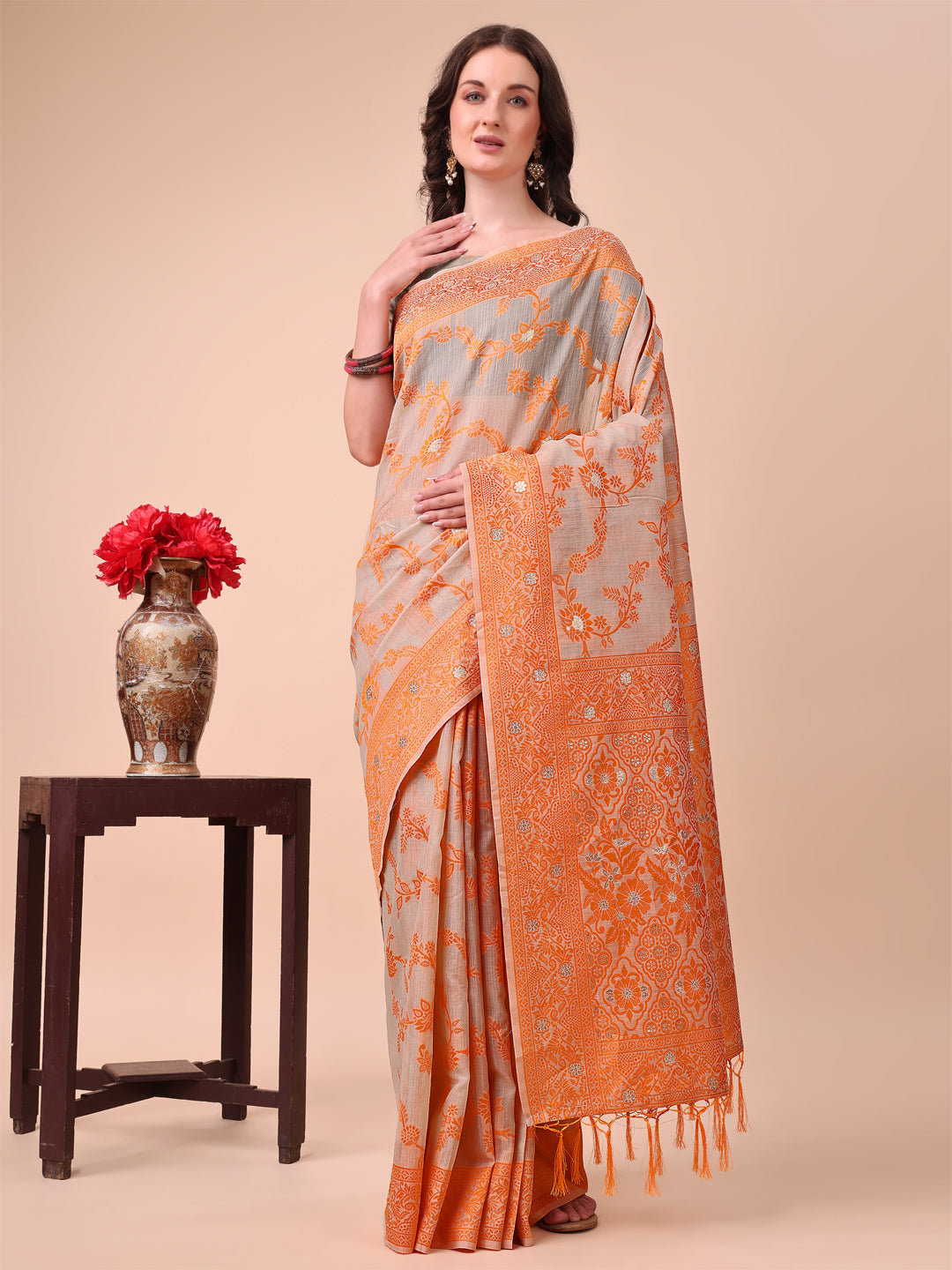 Astita Beige & Orange Banarasi Cotton Saree with Floral Zari Work and Traditional Pallu - Elegant Ethnic Wear for Festivals & Ceremonies | Swadesiicart
