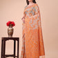 Astita Beige & Orange Banarasi Cotton Saree with Floral Zari Work and Traditional Pallu - Elegant Ethnic Wear for Festivals & Ceremonies | Swadesiicart