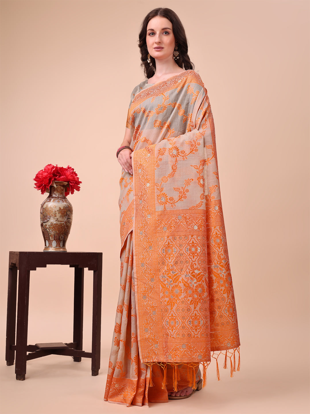 Astita Beige & Orange Banarasi Cotton Saree with Floral Zari Work and Traditional Pallu - Elegant Ethnic Wear for Festivals & Ceremonies | Swadesiicart