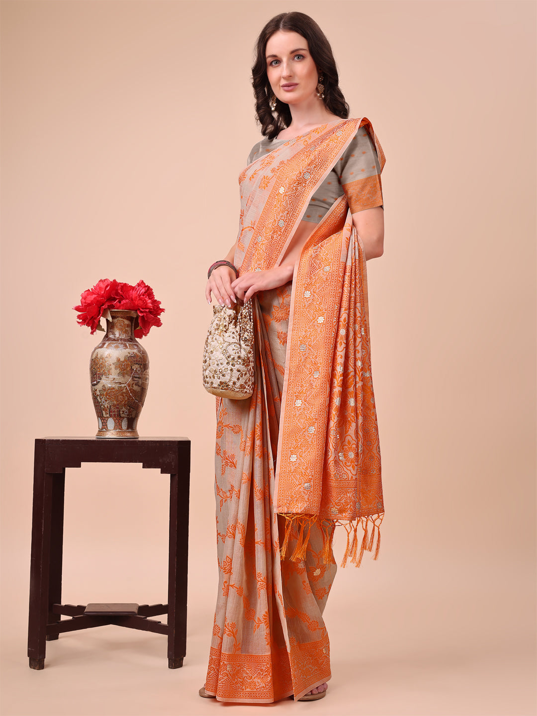 Astita Beige & Orange Banarasi Cotton Saree with Floral Zari Work and Traditional Pallu - Elegant Ethnic Wear for Festivals & Ceremonies | Swadesiicart