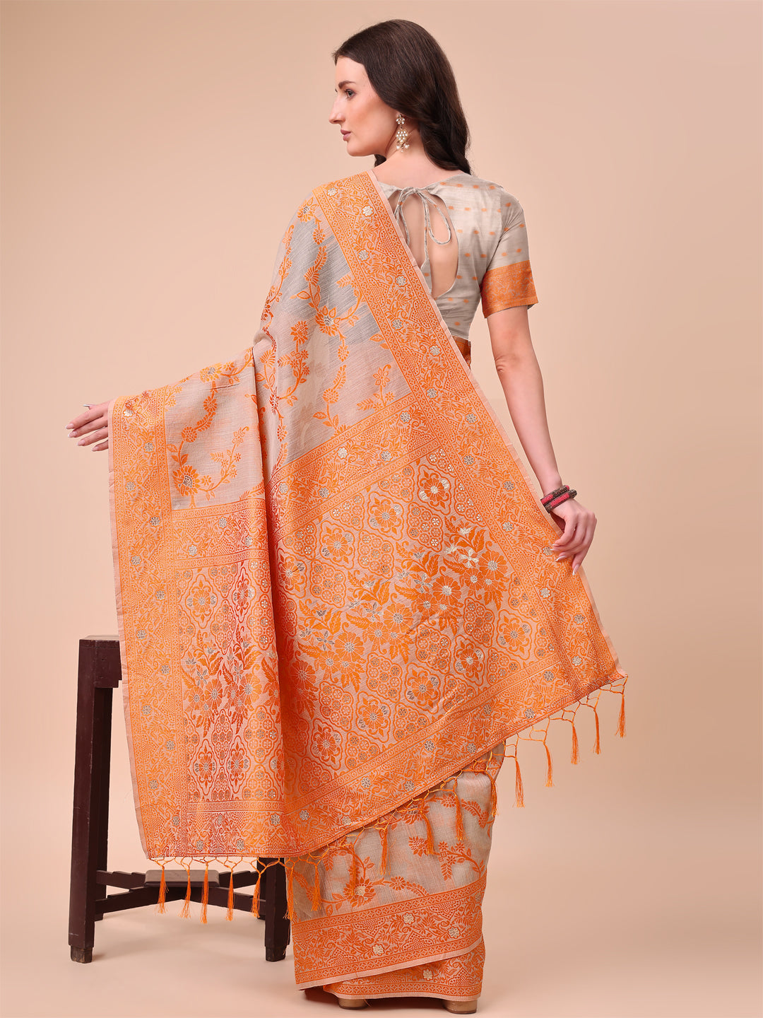 Astita Beige & Orange Banarasi Cotton Saree with Floral Zari Work and Traditional Pallu - Elegant Ethnic Wear for Festivals & Ceremonies | Swadesiicart