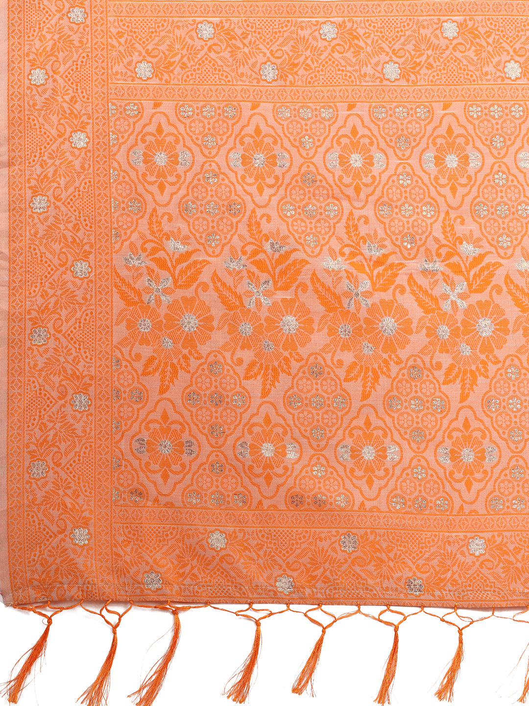 Astita Beige & Orange Banarasi Cotton Saree with Floral Zari Work and Traditional Pallu - Elegant Ethnic Wear for Festivals & Ceremonies | Swadesiicart