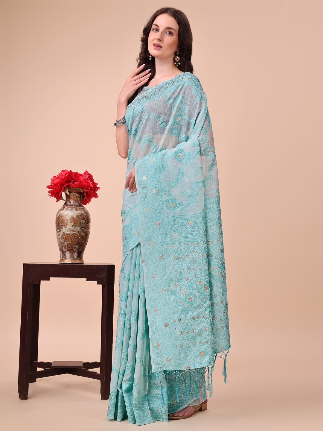 Astita Beige & Sky Blue Banarasi Cotton Saree with Floral Zari Work and Traditional Pallu - Elegant Ethnic Wear for Festivals & Ceremonies | Swadesiicart