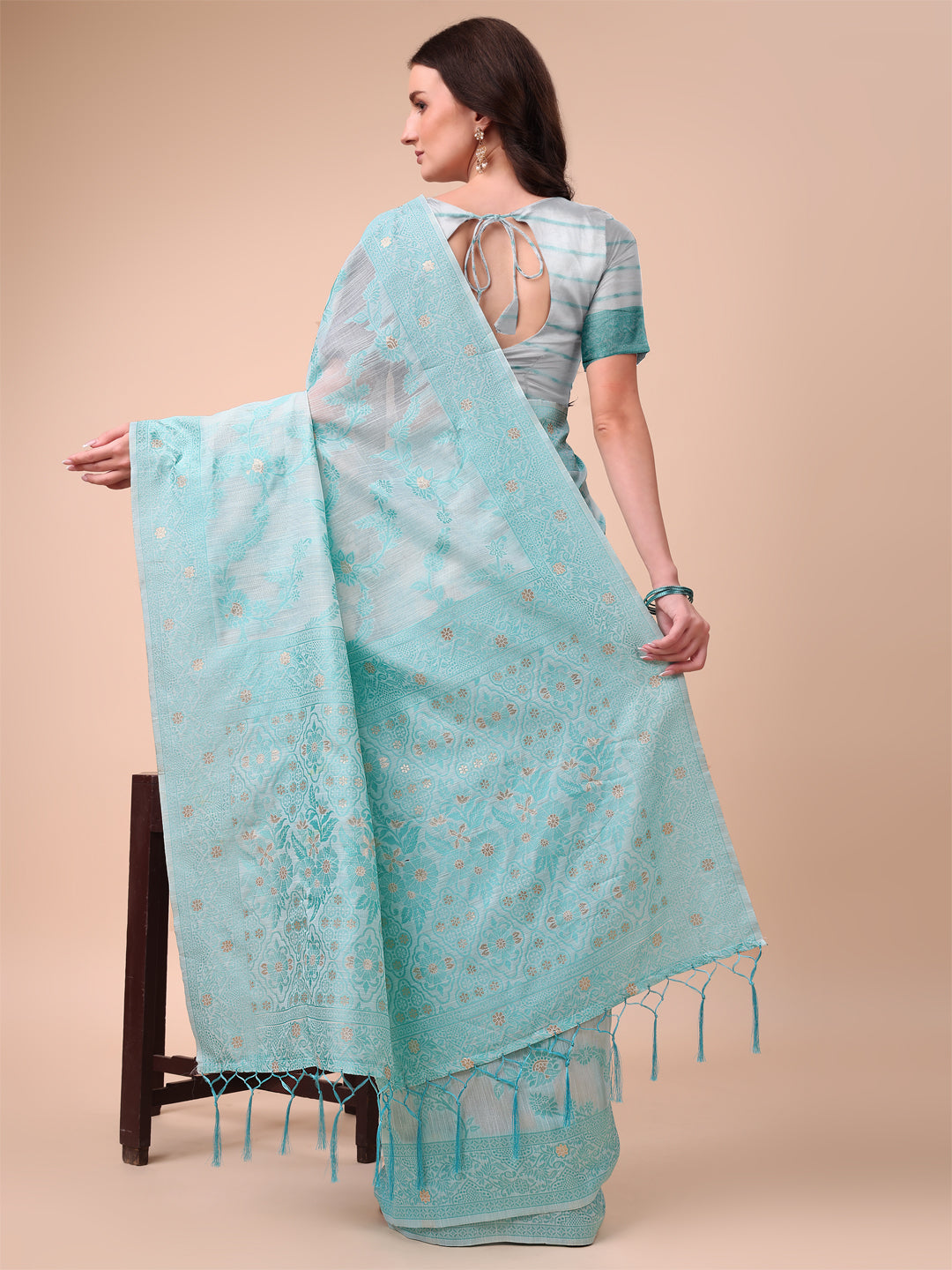 Astita Beige & Sky Blue Banarasi Cotton Saree with Floral Zari Work and Traditional Pallu - Elegant Ethnic Wear for Festivals & Ceremonies | Swadesiicart