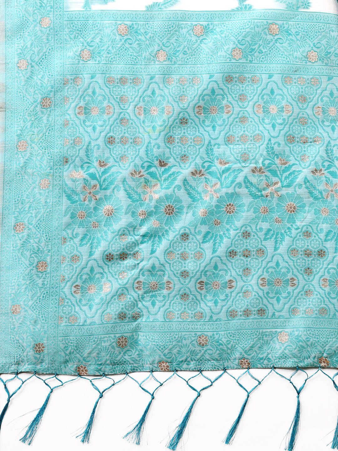 Astita Beige & Sky Blue Banarasi Cotton Saree with Floral Zari Work and Traditional Pallu - Elegant Ethnic Wear for Festivals & Ceremonies | Swadesiicart