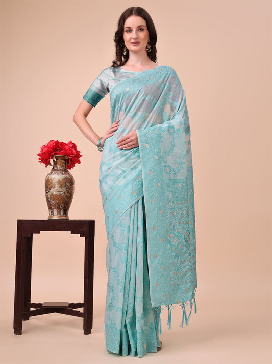 Astita Beige & Sky Blue Banarasi Cotton Saree with Floral Zari Work and Traditional Pallu - Elegant Ethnic Wear for Festivals & Ceremonies | Swadesiicart