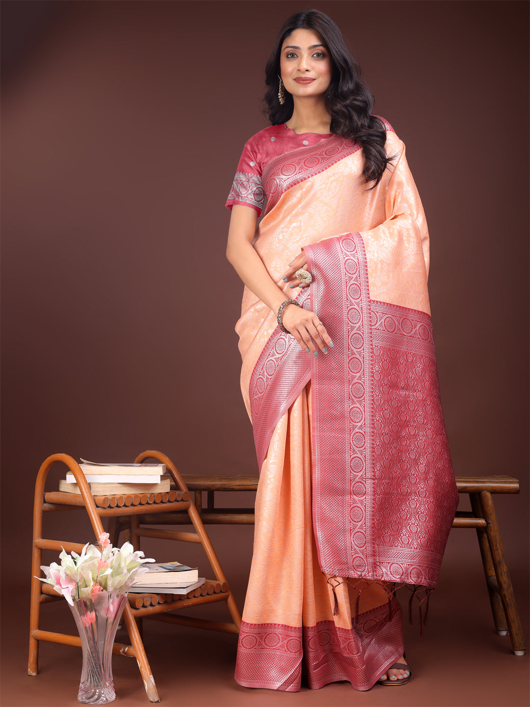 Astita Graceful Orange & Maroon Banarasi Silk Saree with Rich Zari Woven Border - Traditional Elegance for Celebrations | Swadesiicart