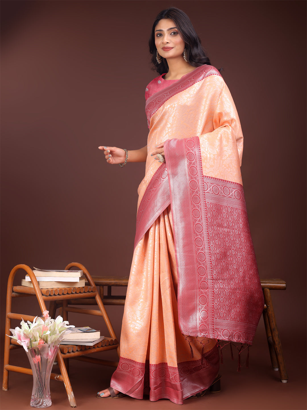 Astita Graceful Orange & Maroon Banarasi Silk Saree with Rich Zari Woven Border - Traditional Elegance for Celebrations | Swadesiicart