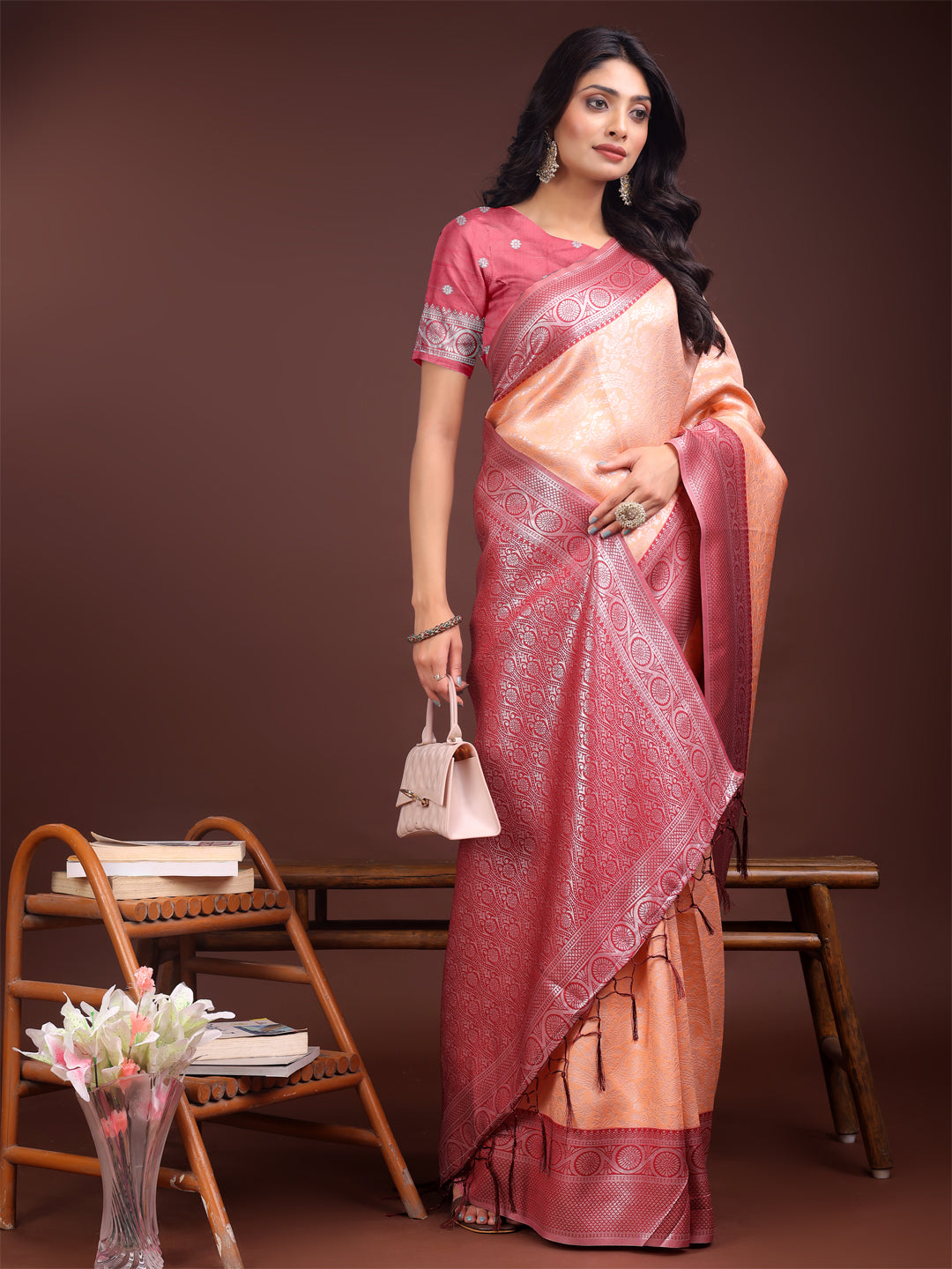 Astita Graceful Orange & Maroon Banarasi Silk Saree with Rich Zari Woven Border - Traditional Elegance for Celebrations | Swadesiicart