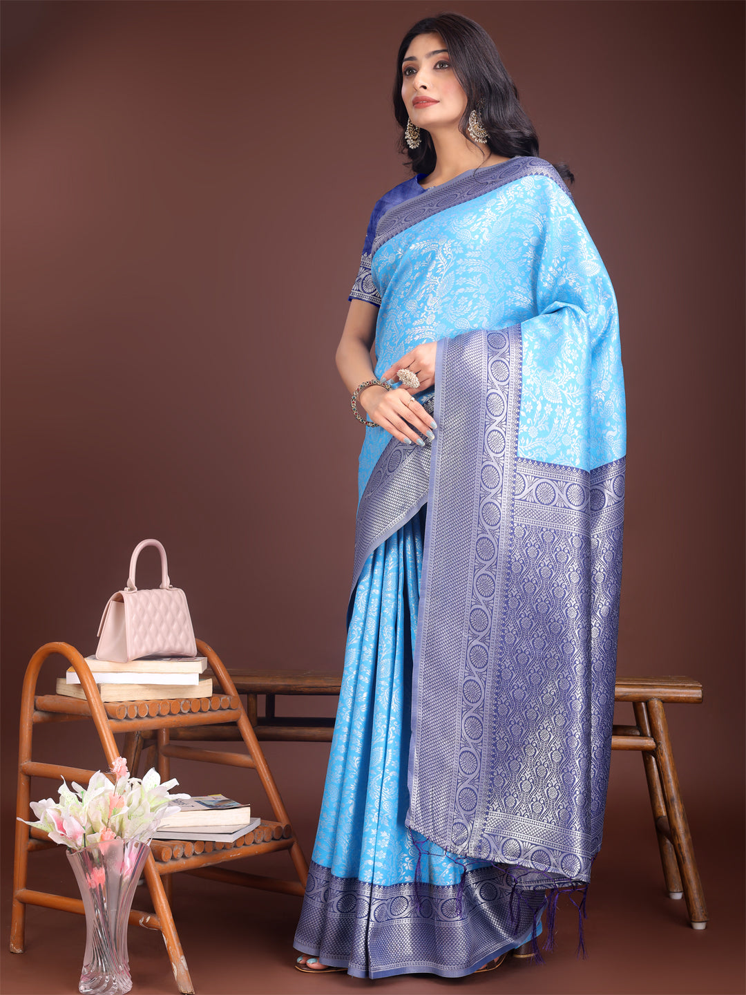 Astita Graceful Sky Blue & Blue Banarasi Silk Saree with Rich Zari Woven Border - Traditional Elegance for Celebrations | Swadesiicart