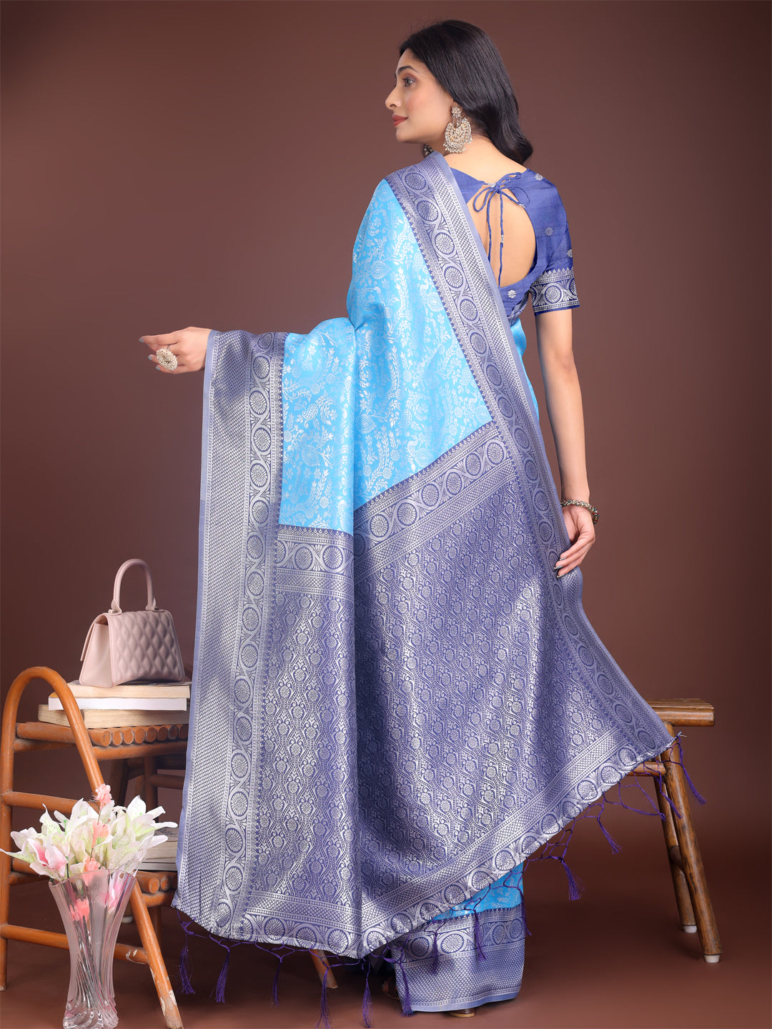 Astita Graceful Sky Blue & Blue Banarasi Silk Saree with Rich Zari Woven Border - Traditional Elegance for Celebrations | Swadesiicart