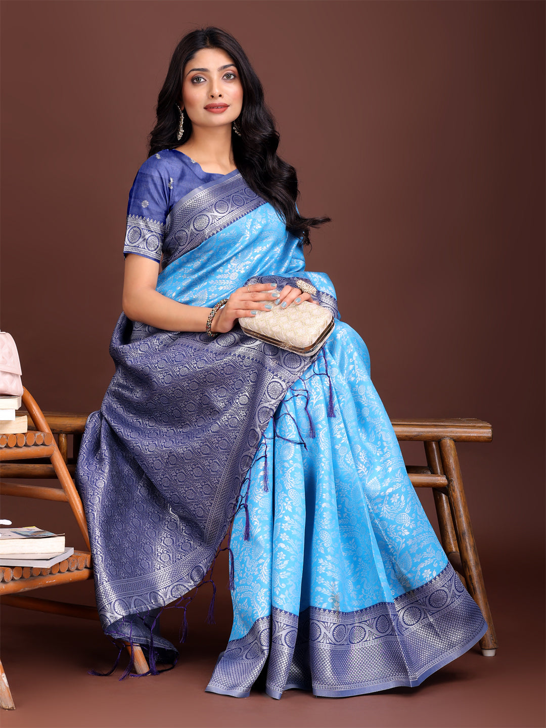 Astita Graceful Sky Blue & Blue Banarasi Silk Saree with Rich Zari Woven Border - Traditional Elegance for Celebrations | Swadesiicart
