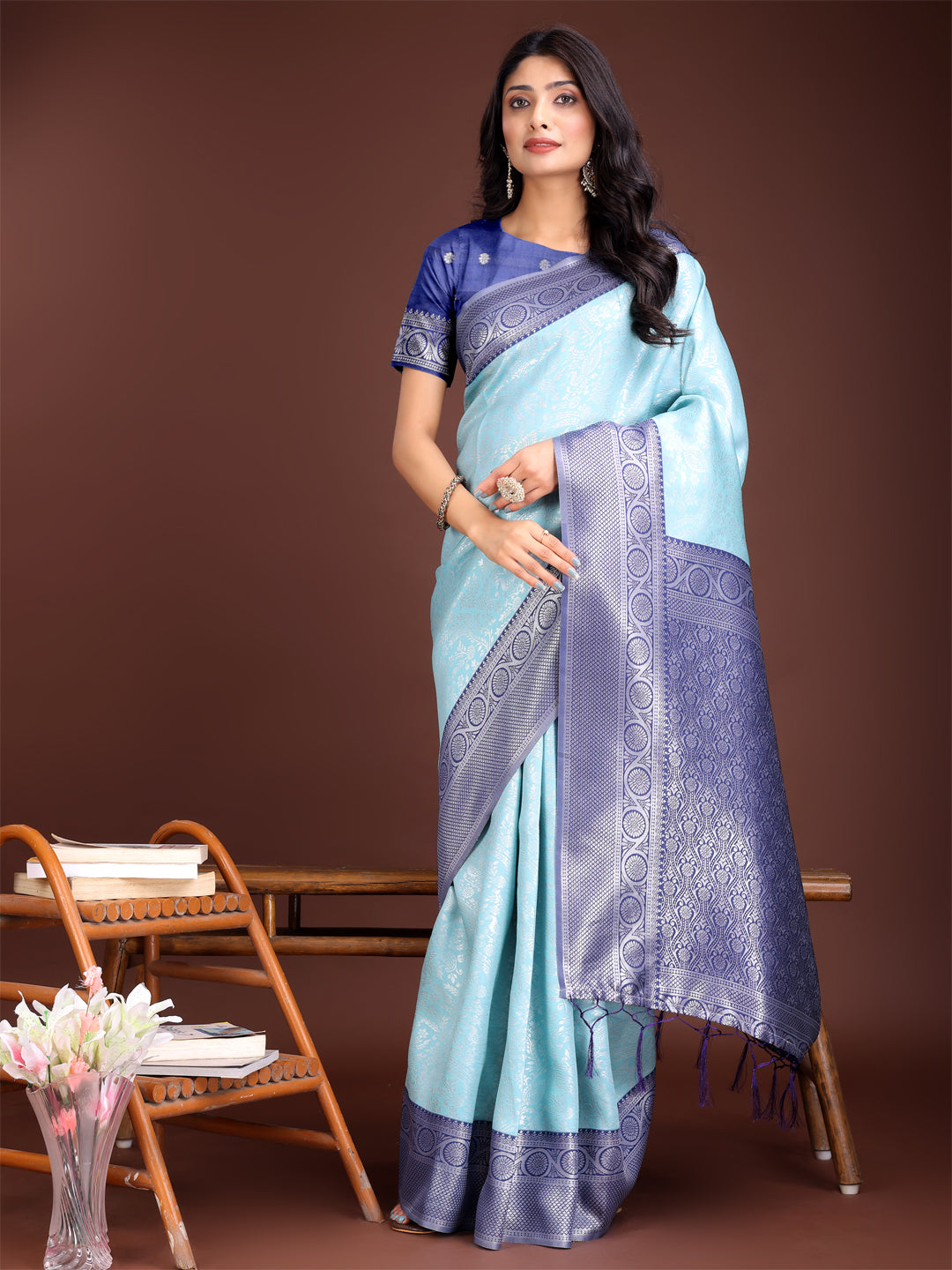 Astita Graceful Teal & Blue Banarasi Silk Saree with Rich Zari Woven Border - Traditional Elegance for Celebrations | Swadesiicart