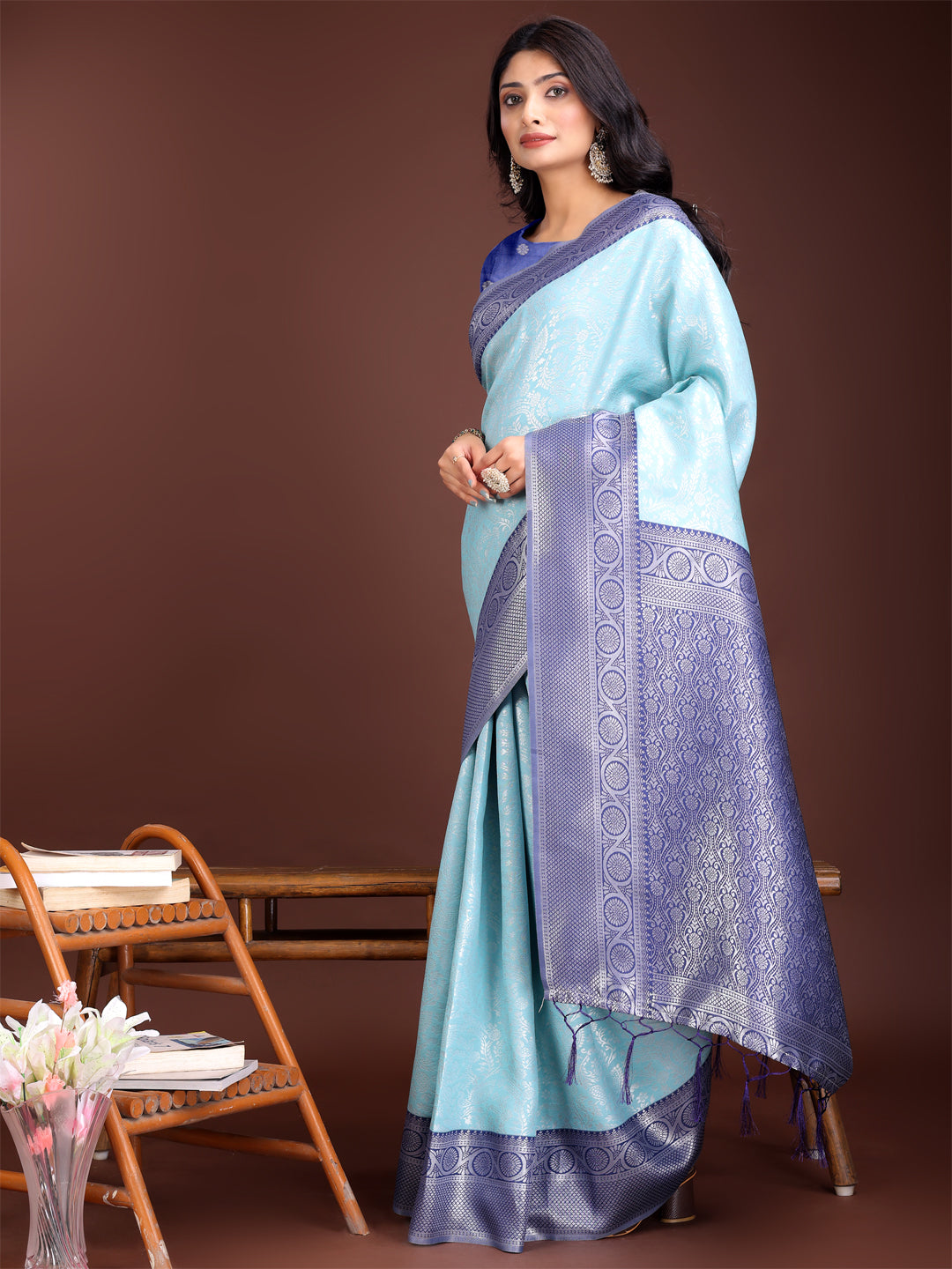 Astita Graceful Teal & Blue Banarasi Silk Saree with Rich Zari Woven Border - Traditional Elegance for Celebrations | Swadesiicart