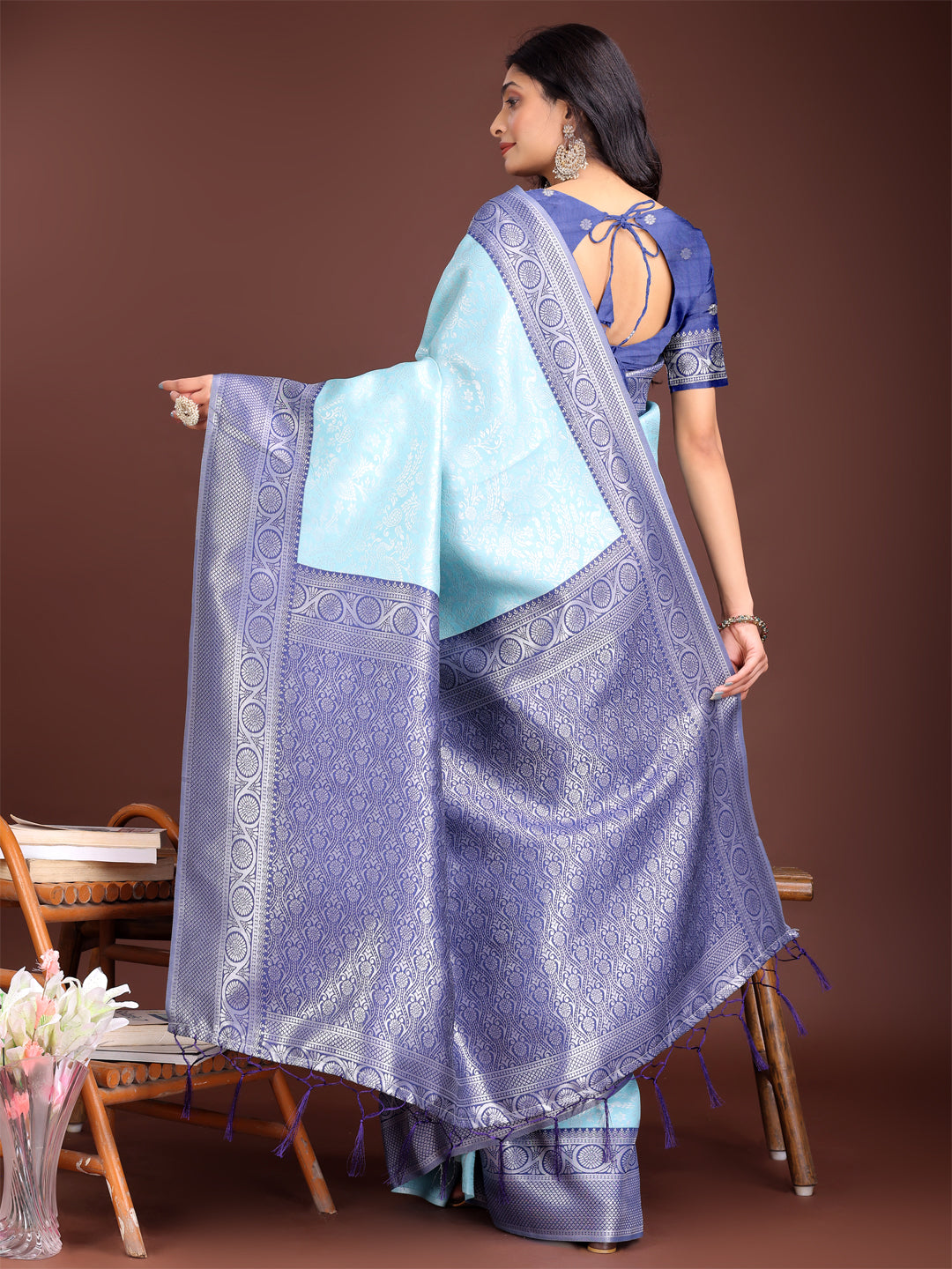 Astita Graceful Teal & Blue Banarasi Silk Saree with Rich Zari Woven Border - Traditional Elegance for Celebrations | Swadesiicart