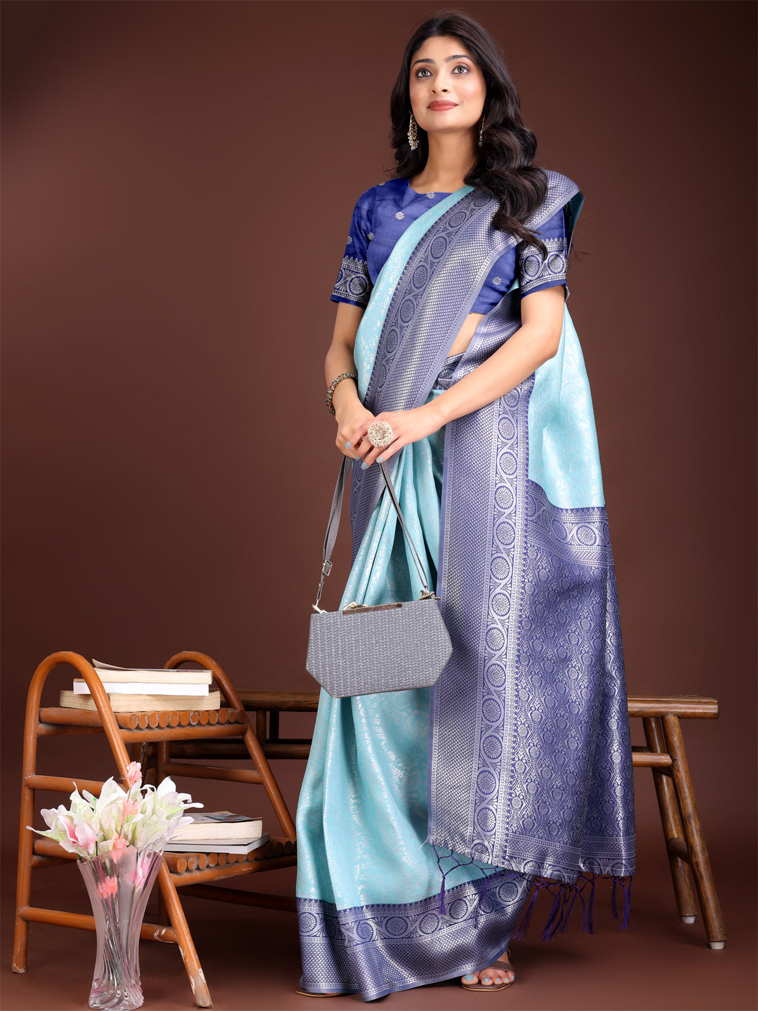 Astita Graceful Teal & Blue Banarasi Silk Saree with Rich Zari Woven Border - Traditional Elegance for Celebrations | Swadesiicart