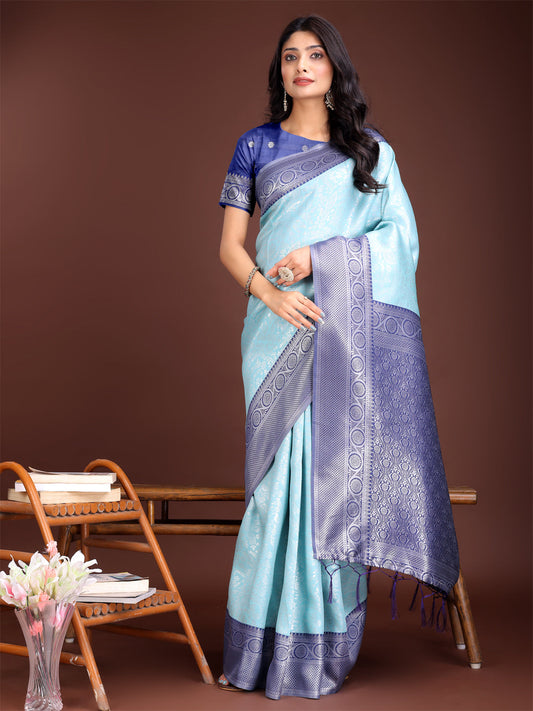 Astita Graceful Teal & Blue Banarasi Silk Saree with Rich Zari Woven Border - Traditional Elegance for Celebrations | Swadesiicart