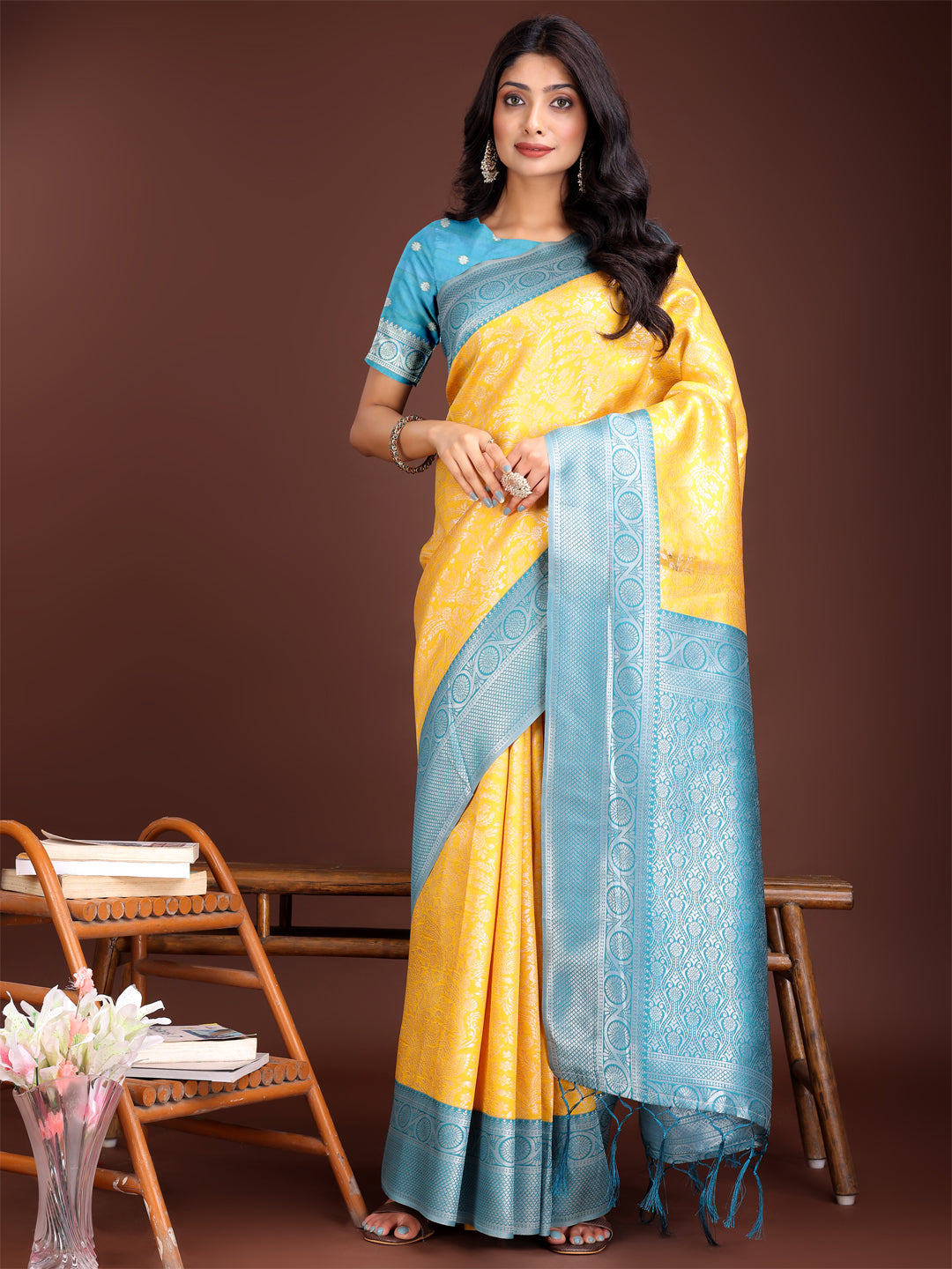 Astita Graceful Yellow & Blue Banarasi Silk Saree with Rich Zari Woven Border - Traditional Elegance for Celebrations | Swadesiicart