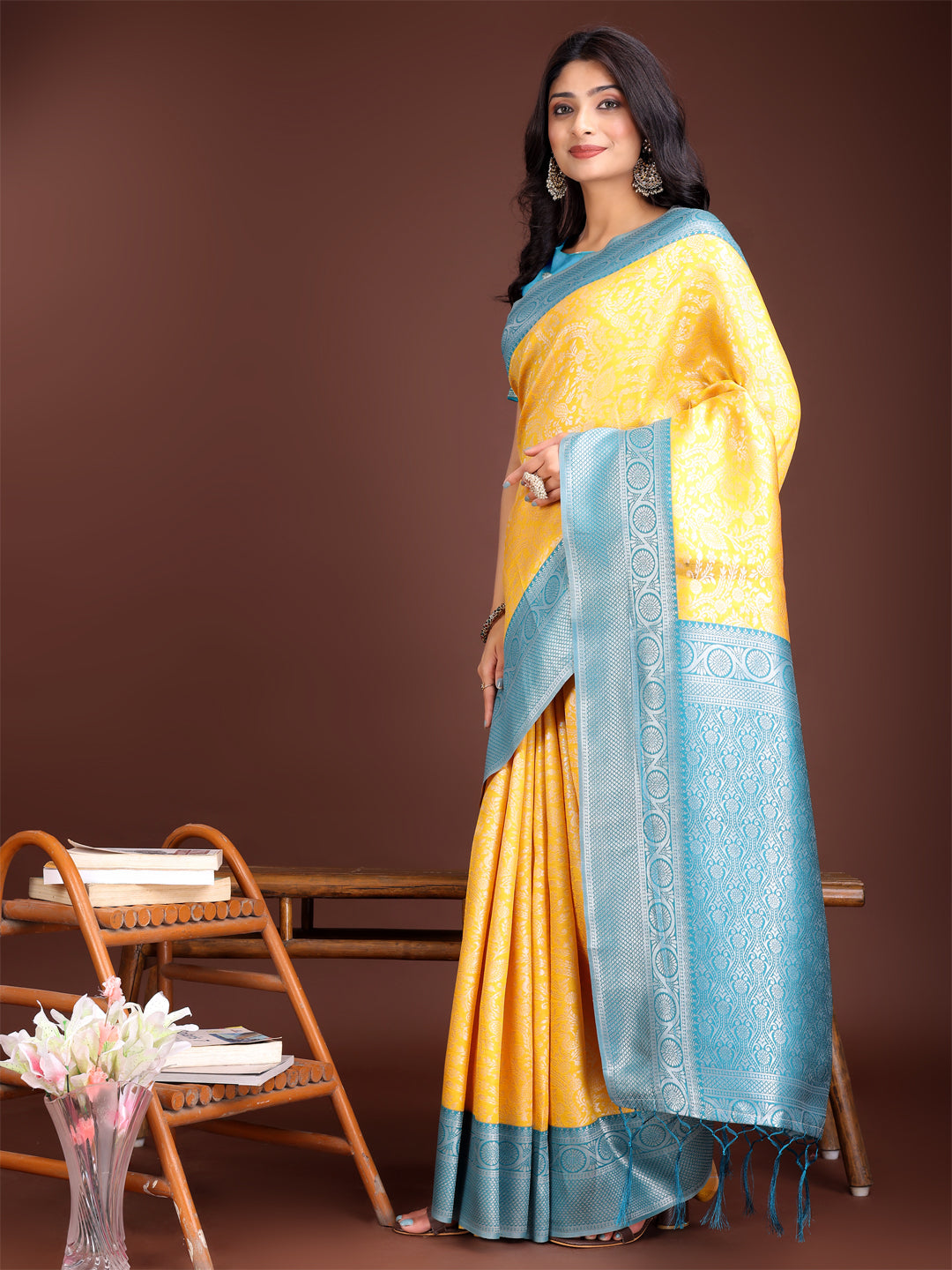 Astita Graceful Yellow & Blue Banarasi Silk Saree with Rich Zari Woven Border - Traditional Elegance for Celebrations | Swadesiicart