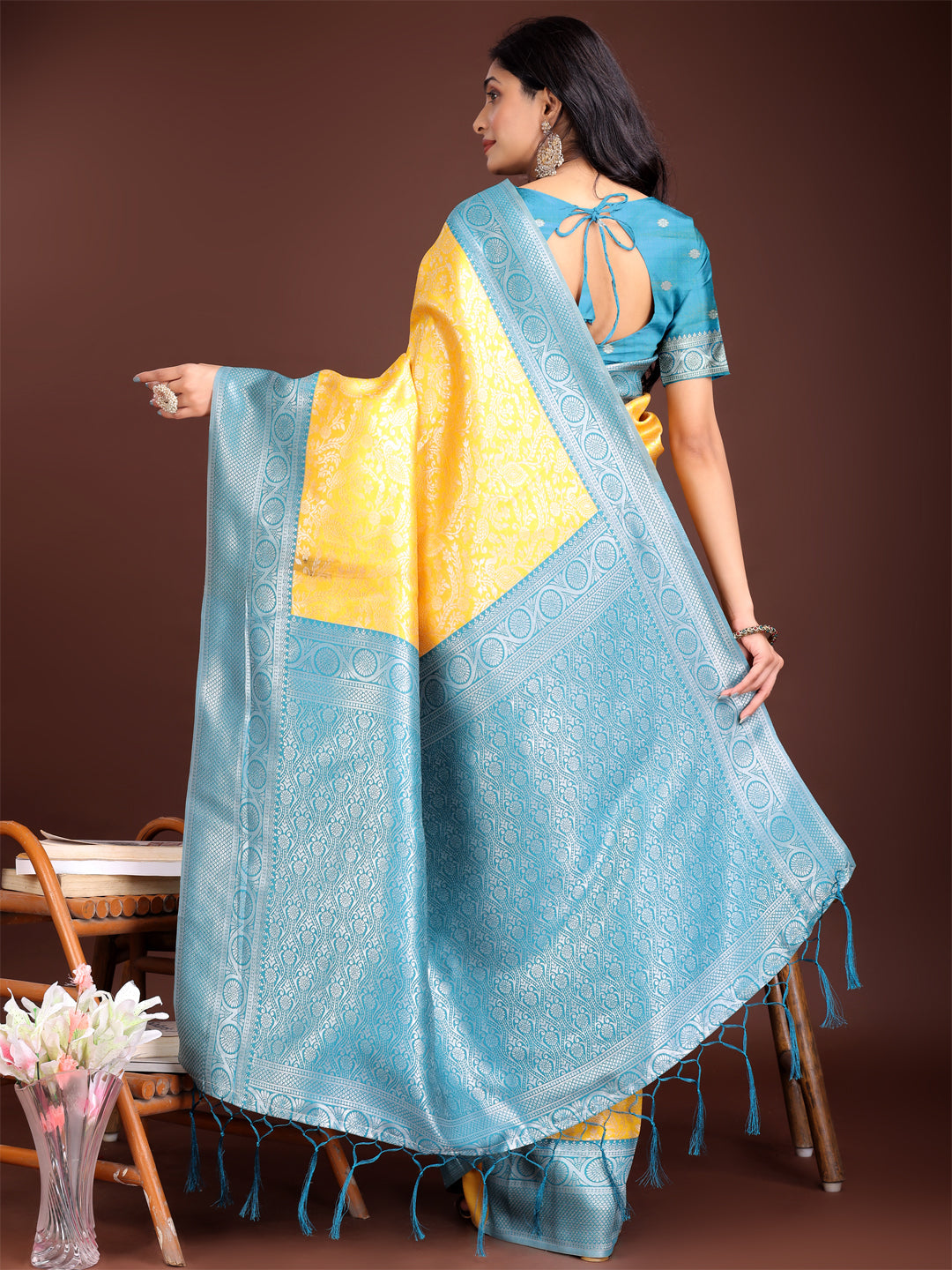 Astita Graceful Yellow & Blue Banarasi Silk Saree with Rich Zari Woven Border - Traditional Elegance for Celebrations | Swadesiicart
