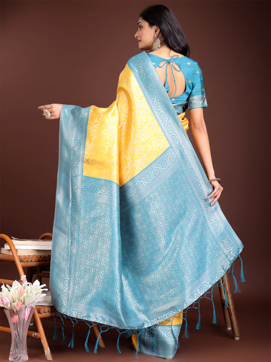 Astita Graceful Yellow & Blue Banarasi Silk Saree with Rich Zari Woven Border - Traditional Elegance for Celebrations | Swadesiicart