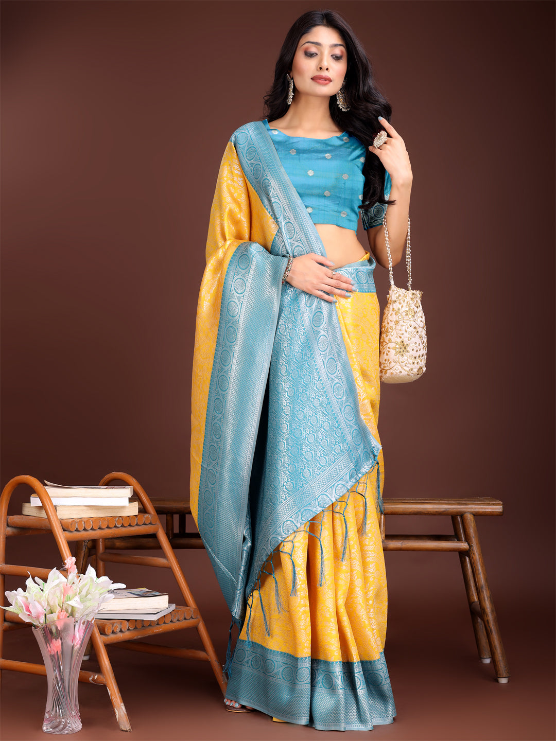 Astita Graceful Yellow & Blue Banarasi Silk Saree with Rich Zari Woven Border - Traditional Elegance for Celebrations | Swadesiicart