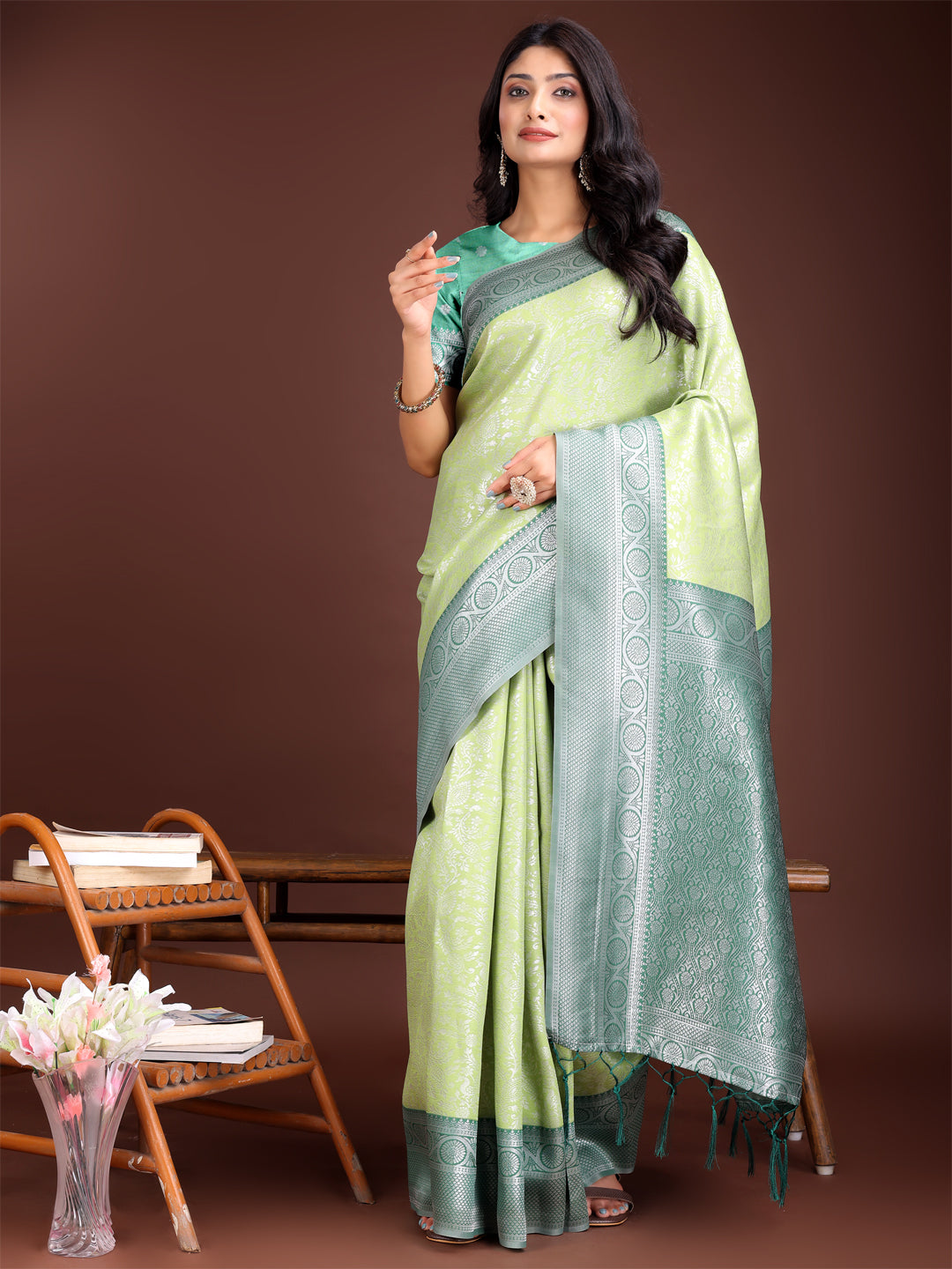 Astita Graceful Light Green & Green Banarasi Silk Saree with Rich Zari Woven Border - Traditional Elegance for Celebrations | Swadesiicart
