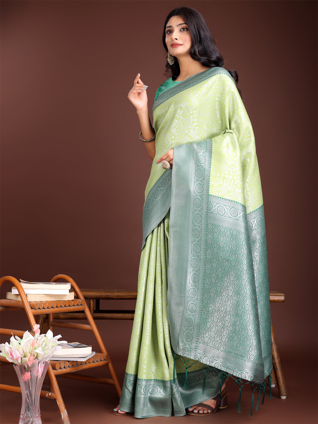 Astita Graceful Light Green & Green Banarasi Silk Saree with Rich Zari Woven Border - Traditional Elegance for Celebrations | Swadesiicart