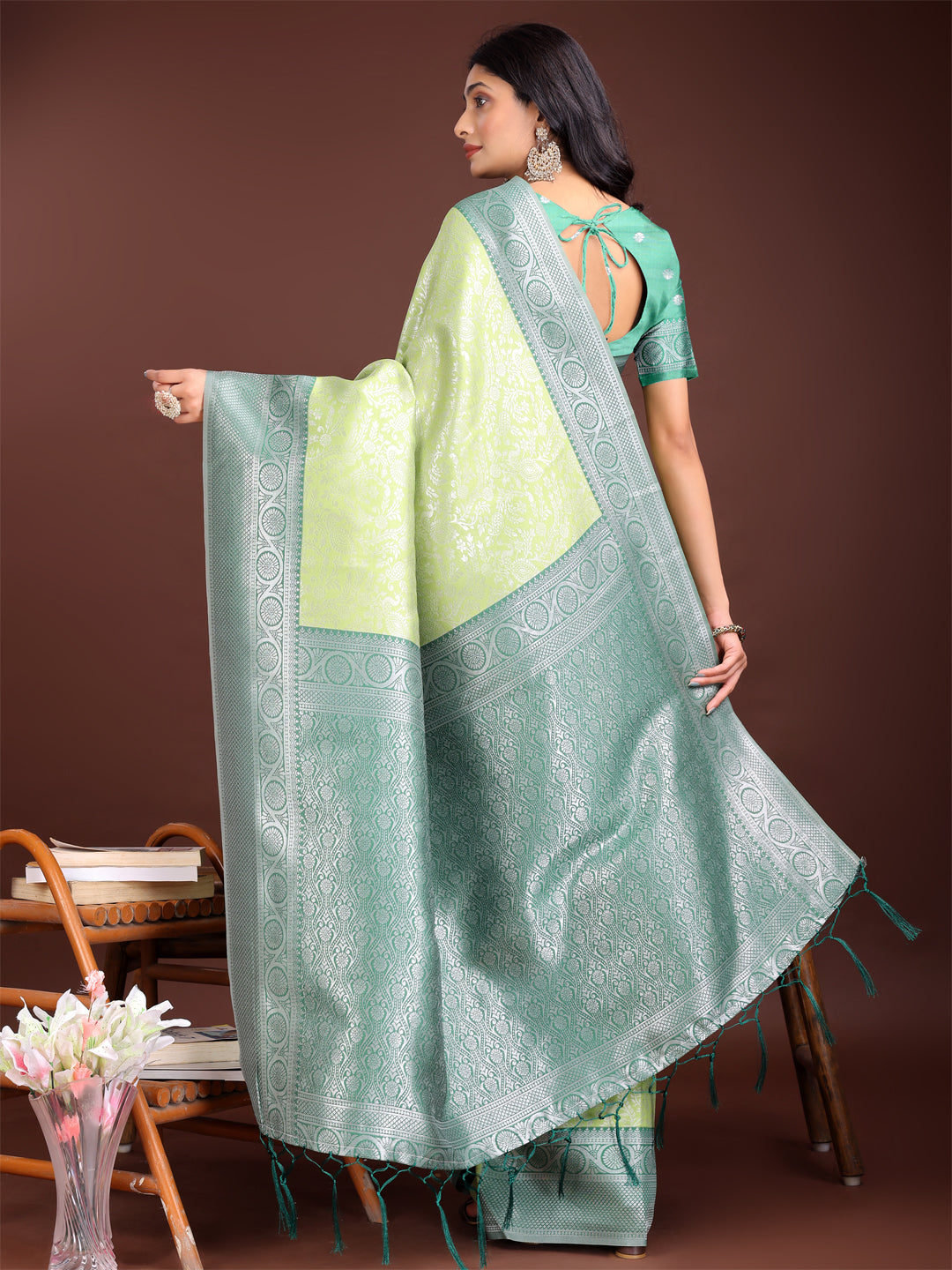 Astita Graceful Light Green & Green Banarasi Silk Saree with Rich Zari Woven Border - Traditional Elegance for Celebrations | Swadesiicart