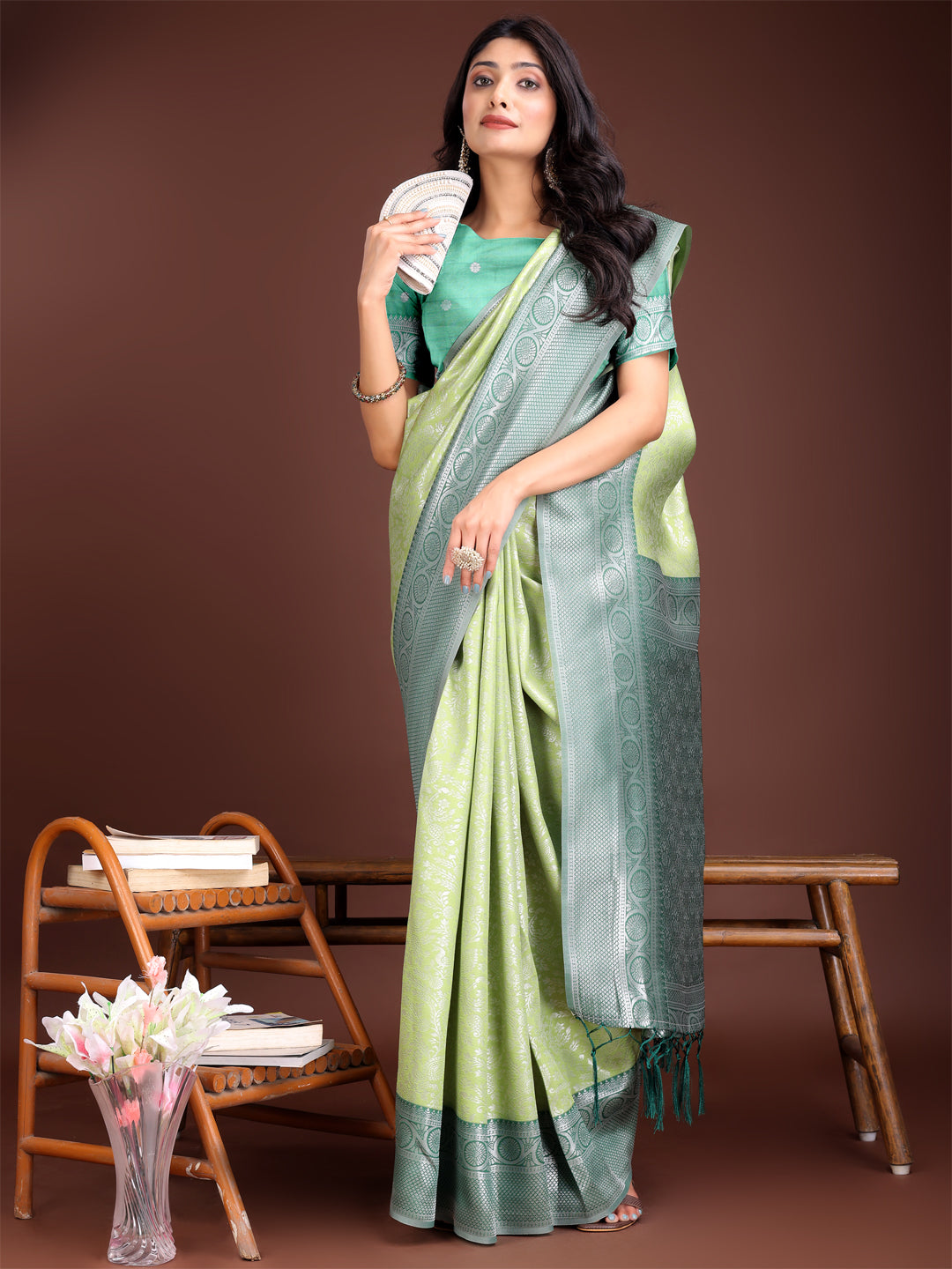 Astita Graceful Light Green & Green Banarasi Silk Saree with Rich Zari Woven Border - Traditional Elegance for Celebrations | Swadesiicart